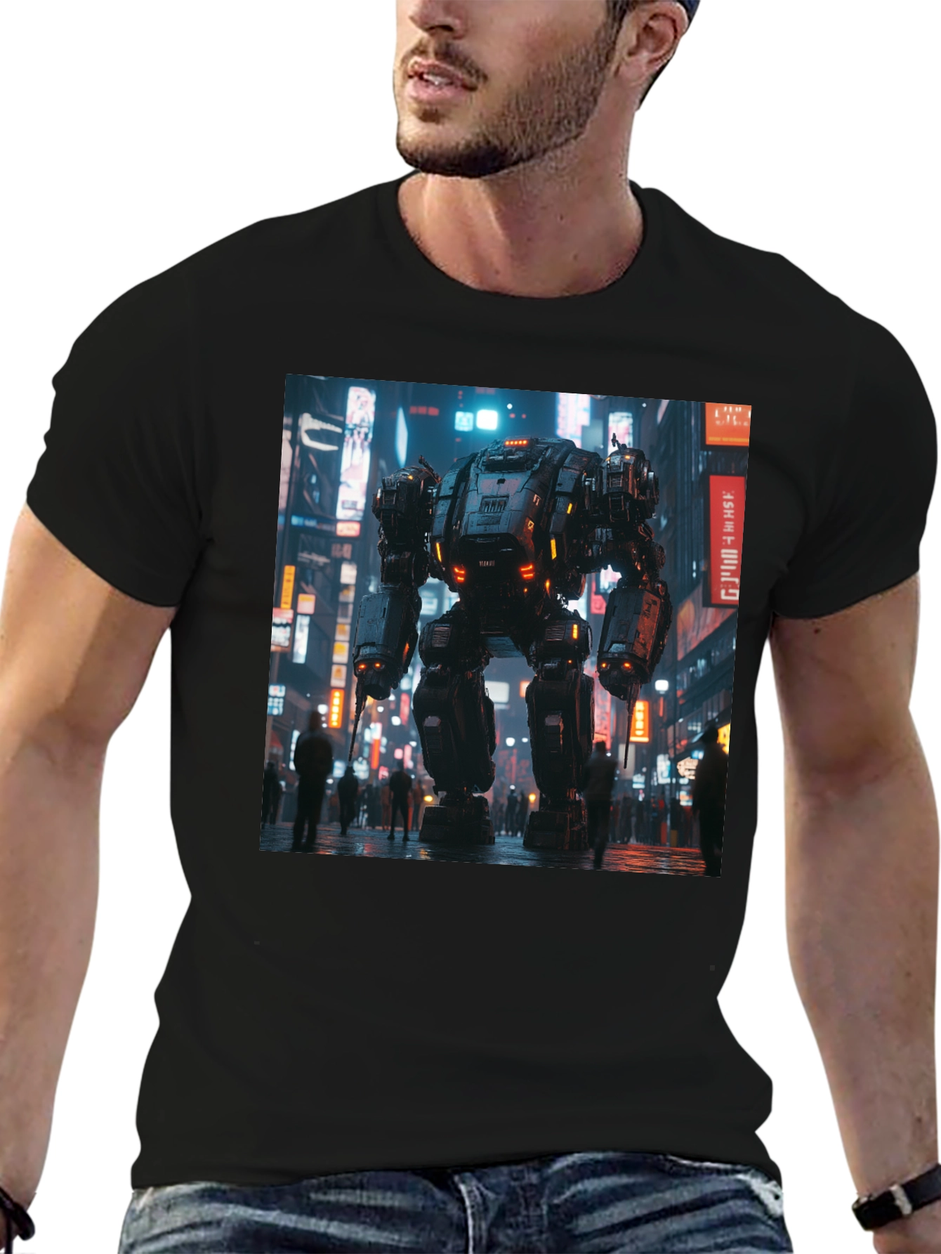 Mech Cityscape Graphic Black T-Shirt