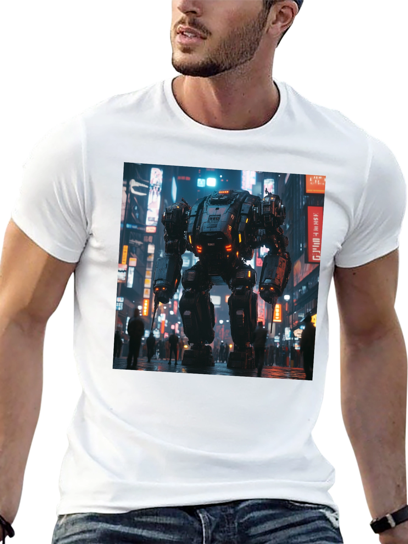 Mech Cityscape Graphic Black T-Shirt