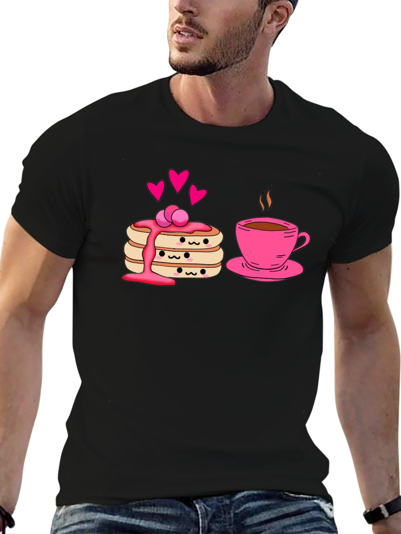 Cute Pancake & Coffee Graphic Black T-Shirt
