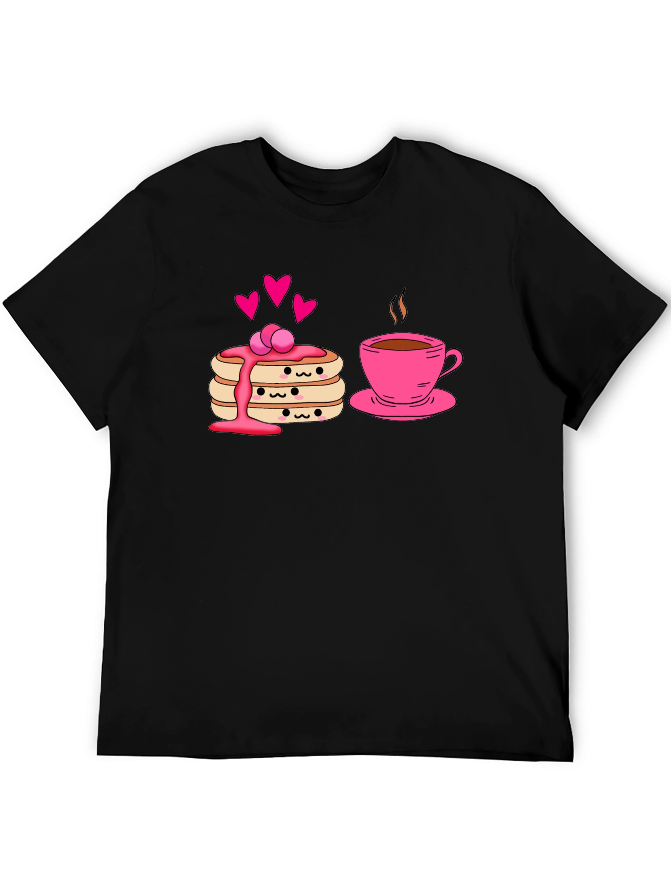 Cute Pancake & Coffee Graphic Black T-Shirt
