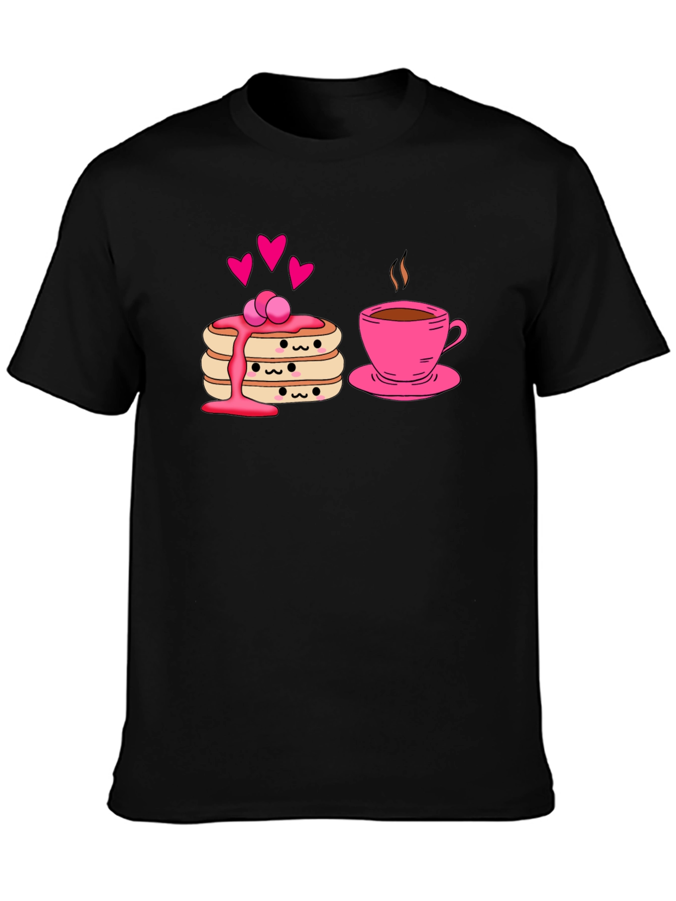 Cute Pancake & Coffee Graphic Black T-Shirt