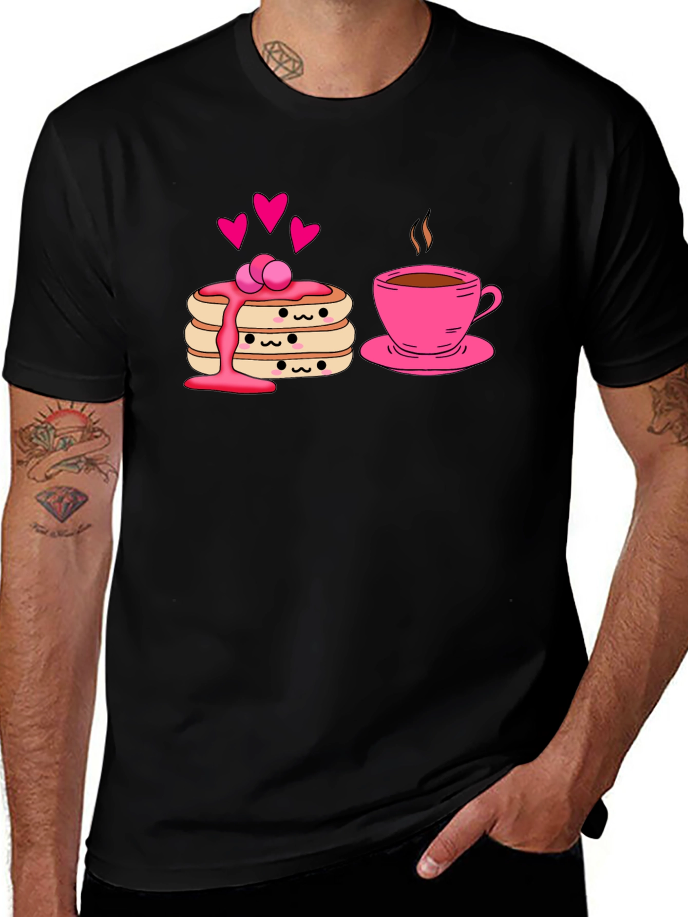 Cute Pancake & Coffee Graphic Black T-Shirt