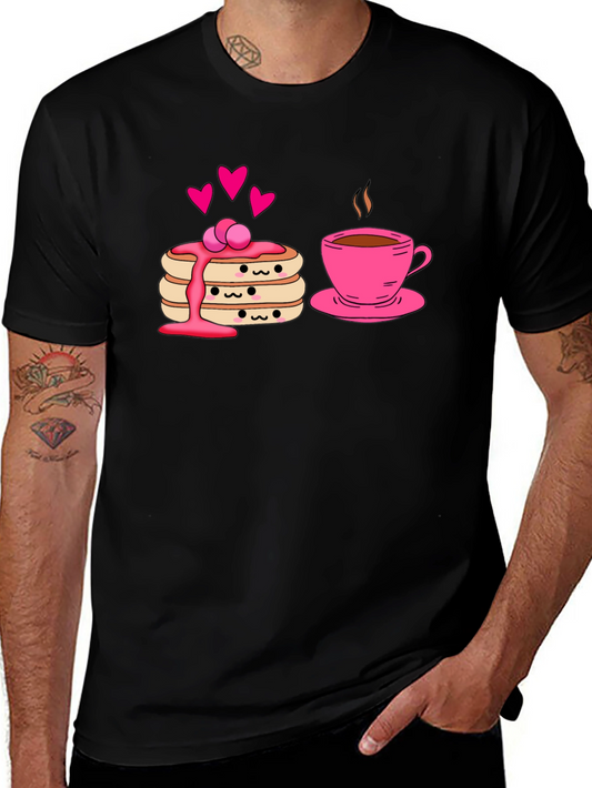 Cute Pancake & Coffee Graphic Black T-Shirt