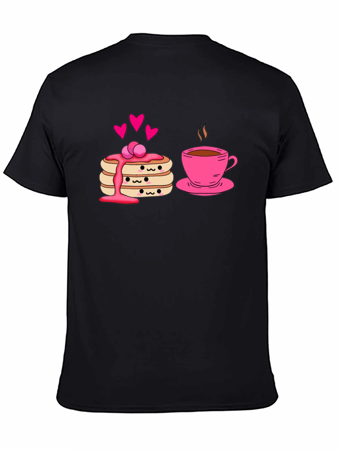 Cute Pancake & Coffee Graphic Black T-Shirt