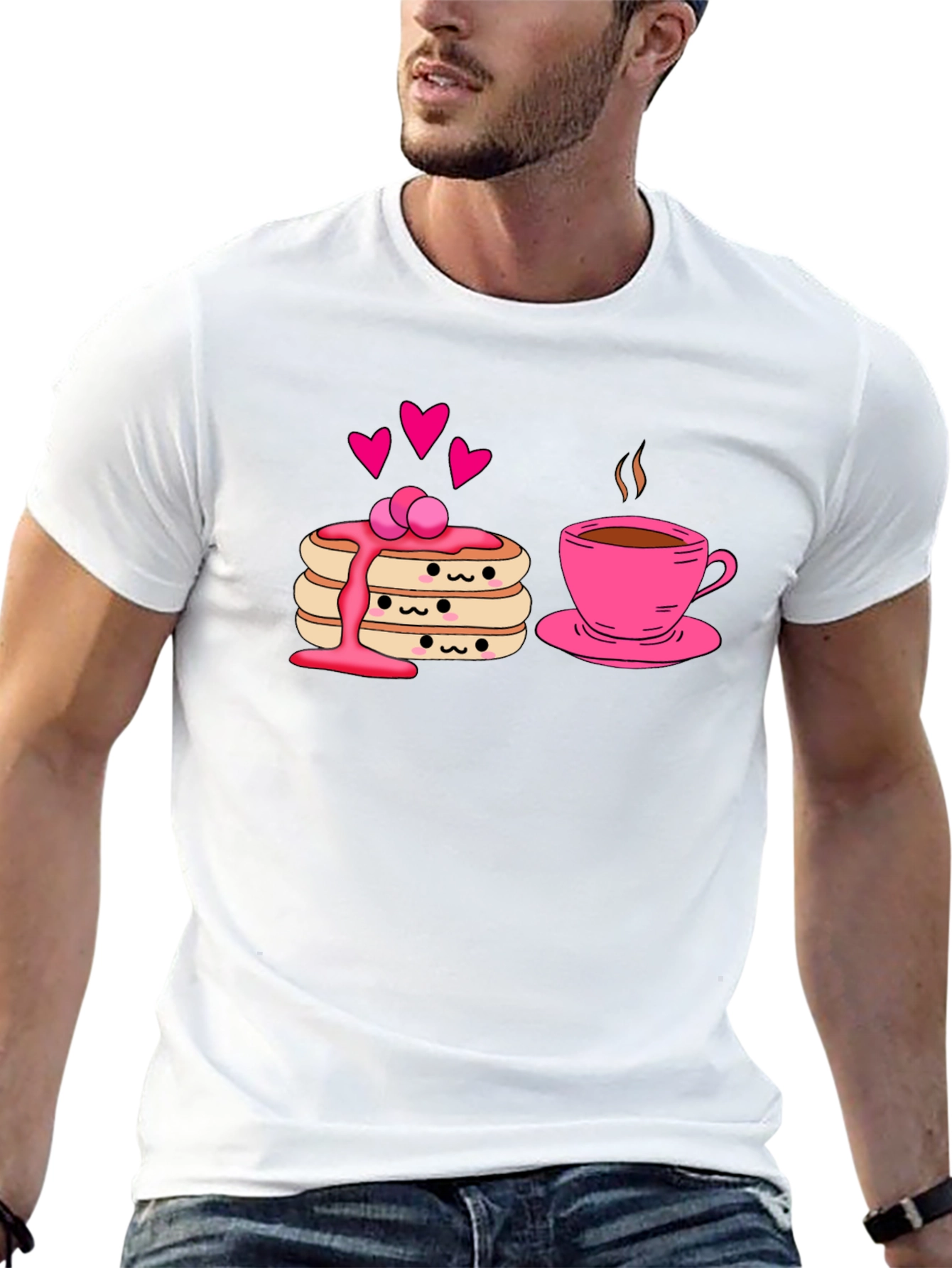 Cute Pancake & Coffee Graphic Black T-Shirt