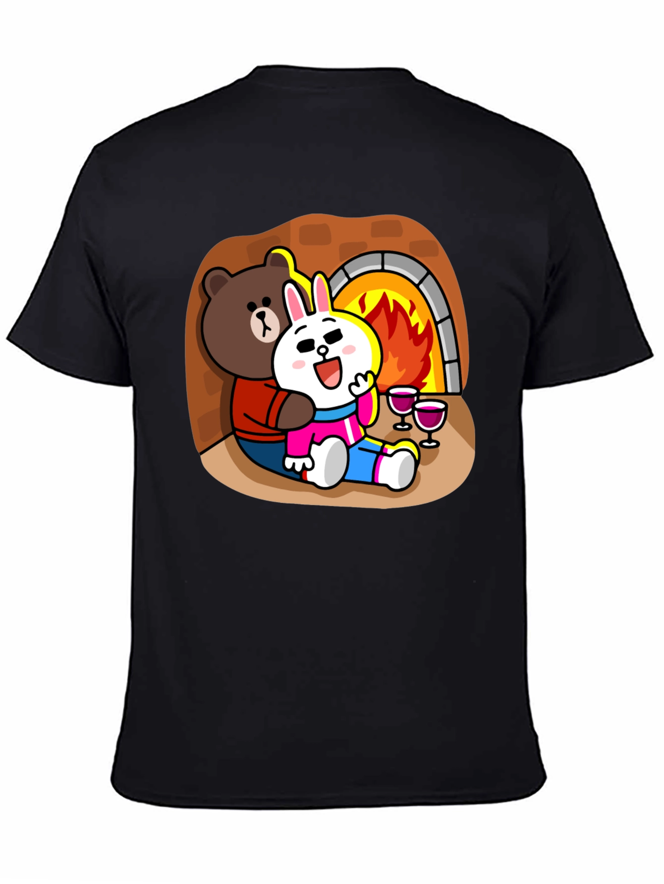 Cozy Cartoon T-Shirt: Bear & Rabbit by Fire
