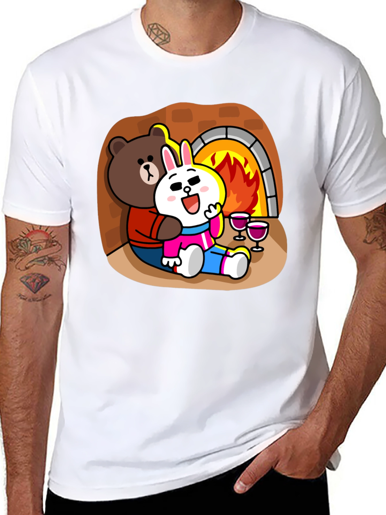 Cozy Cartoon T-Shirt: Bear & Rabbit by Fire