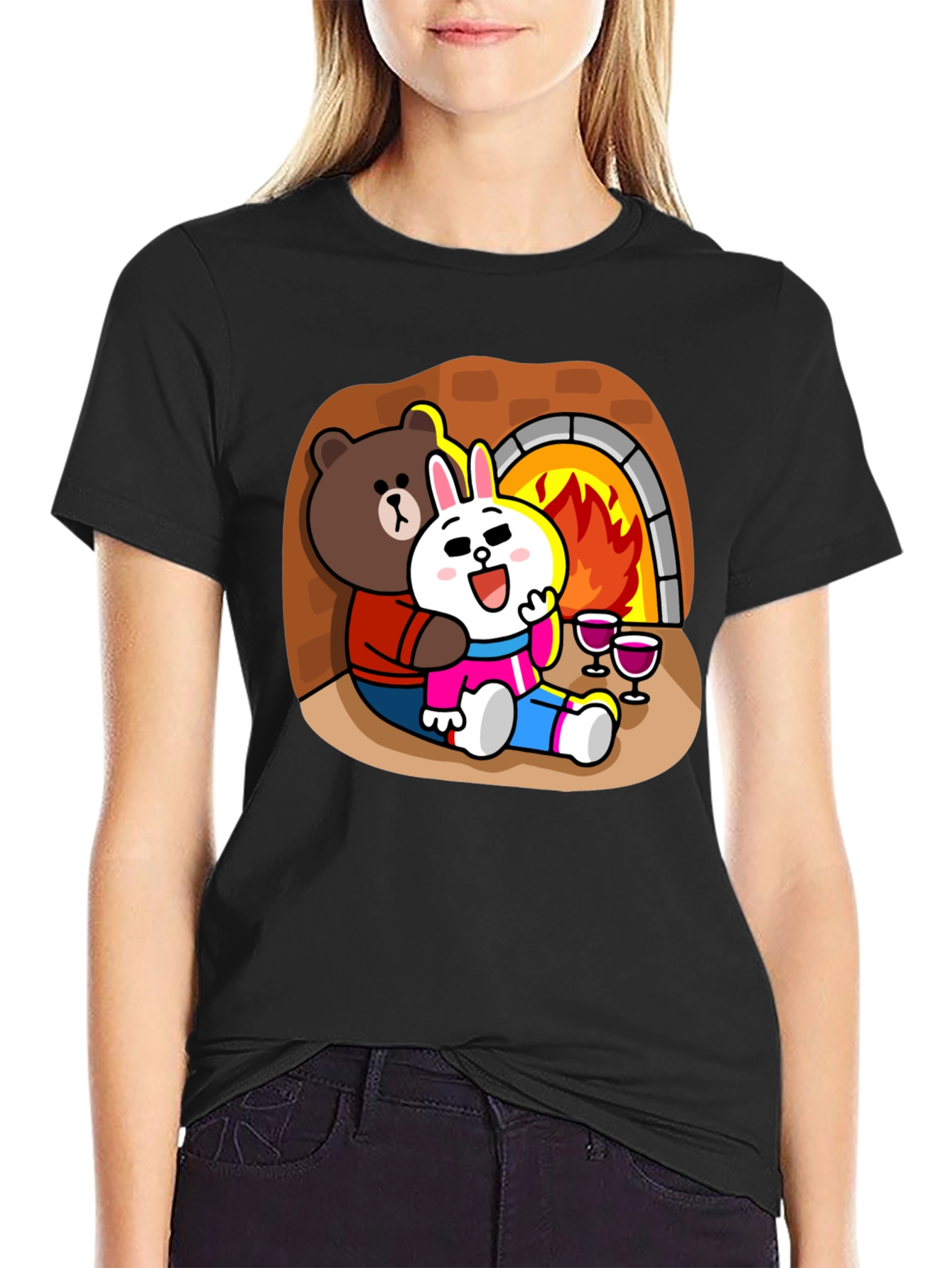Cozy Cartoon T-Shirt: Bear & Rabbit by Fire