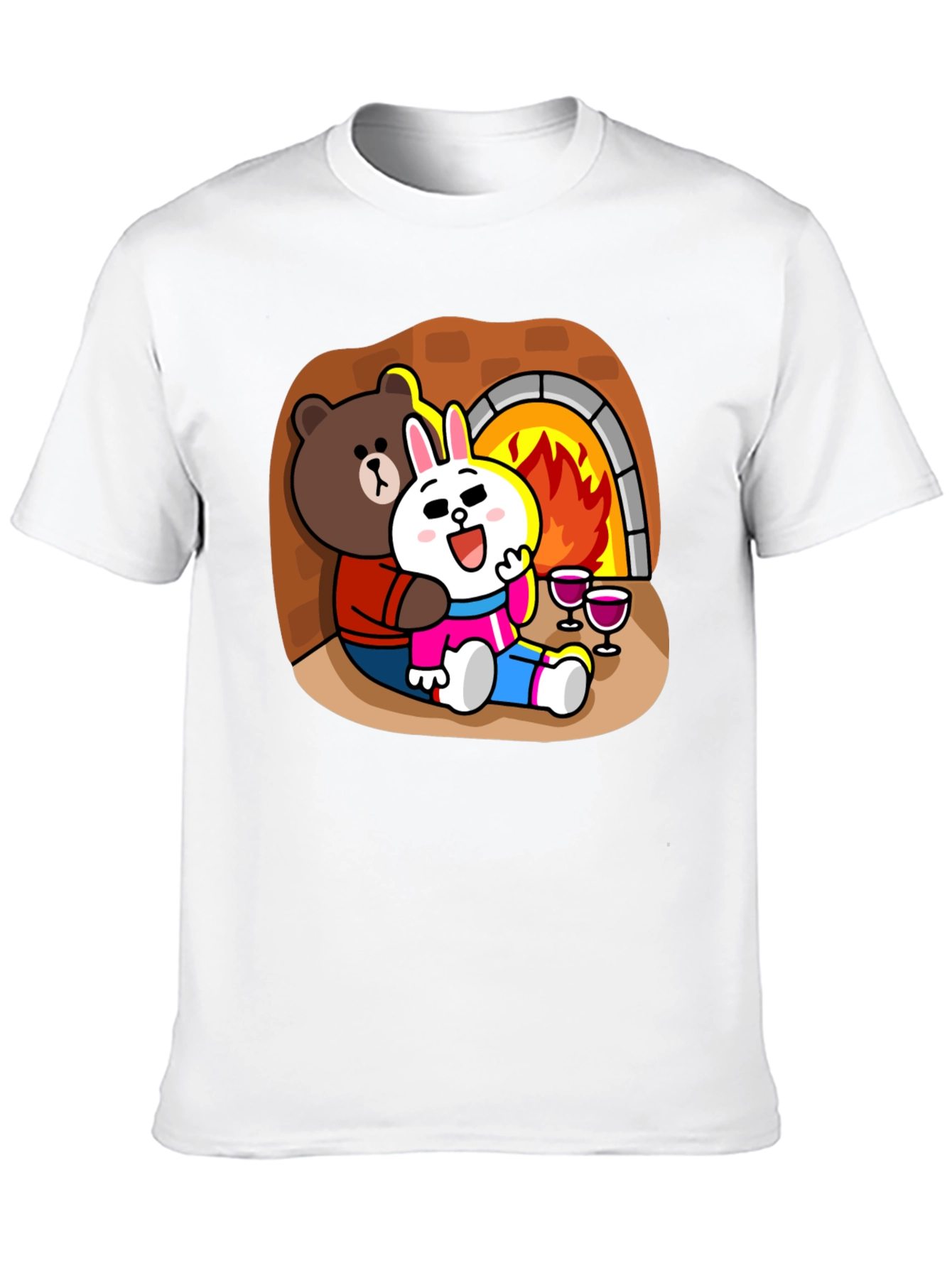 Cozy Cartoon T-Shirt: Bear & Rabbit by Fire