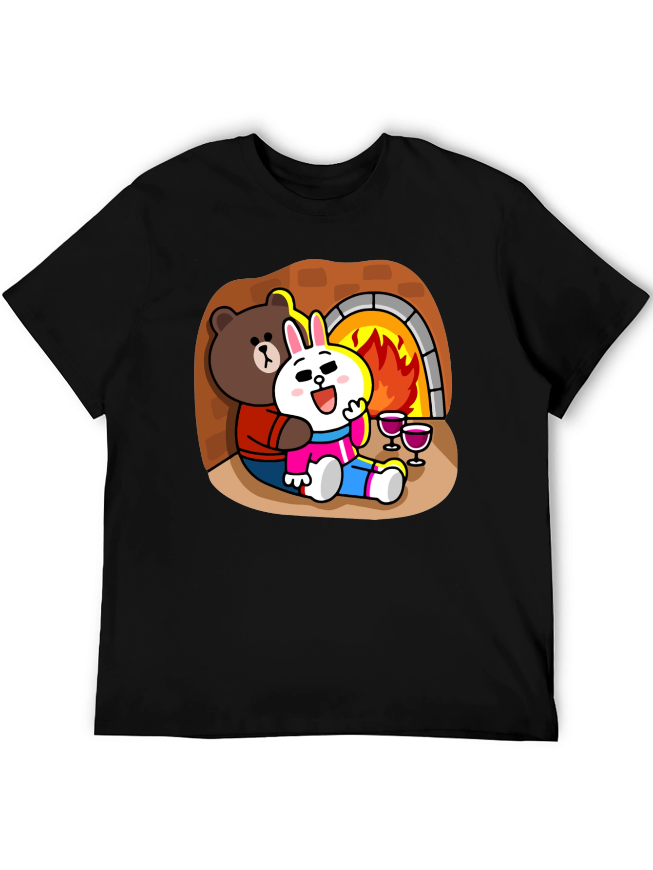 Cozy Cartoon T-Shirt: Bear & Rabbit by Fire