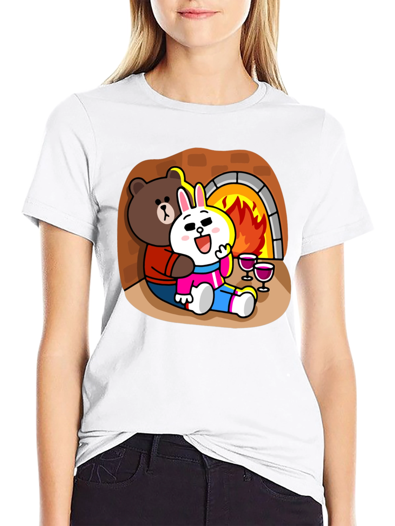 Cozy Cartoon T-Shirt: Bear & Rabbit by Fire