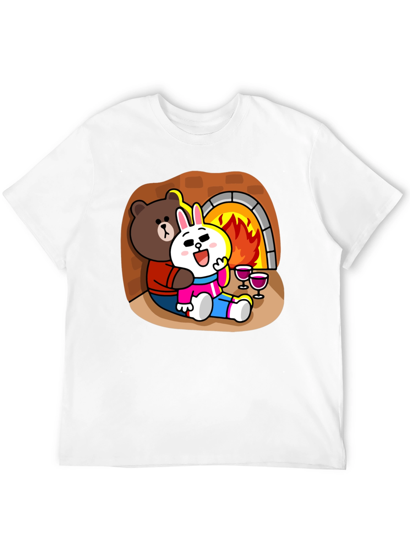 Cozy Cartoon T-Shirt: Bear & Rabbit by Fire