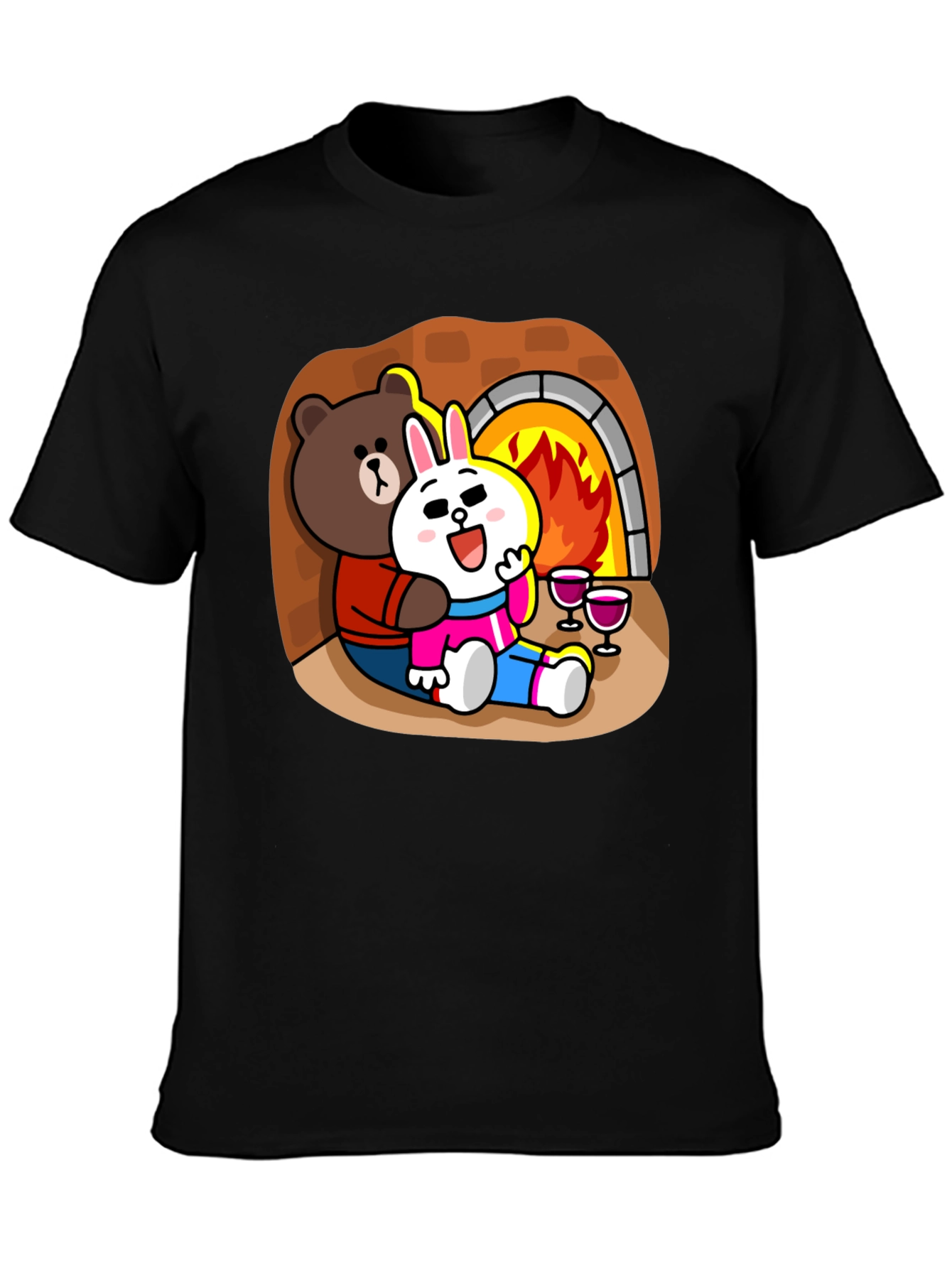 Cozy Cartoon T-Shirt: Bear & Rabbit by Fire