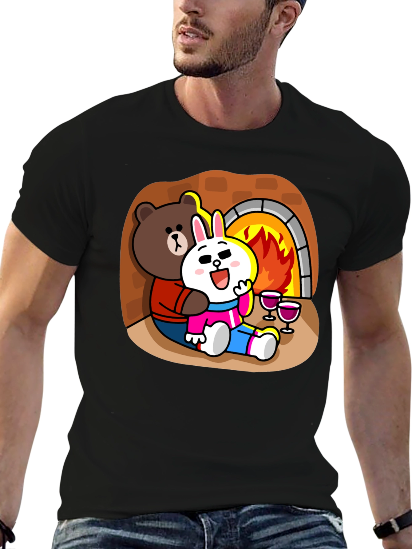 Cozy Cartoon T-Shirt: Bear & Rabbit by Fire