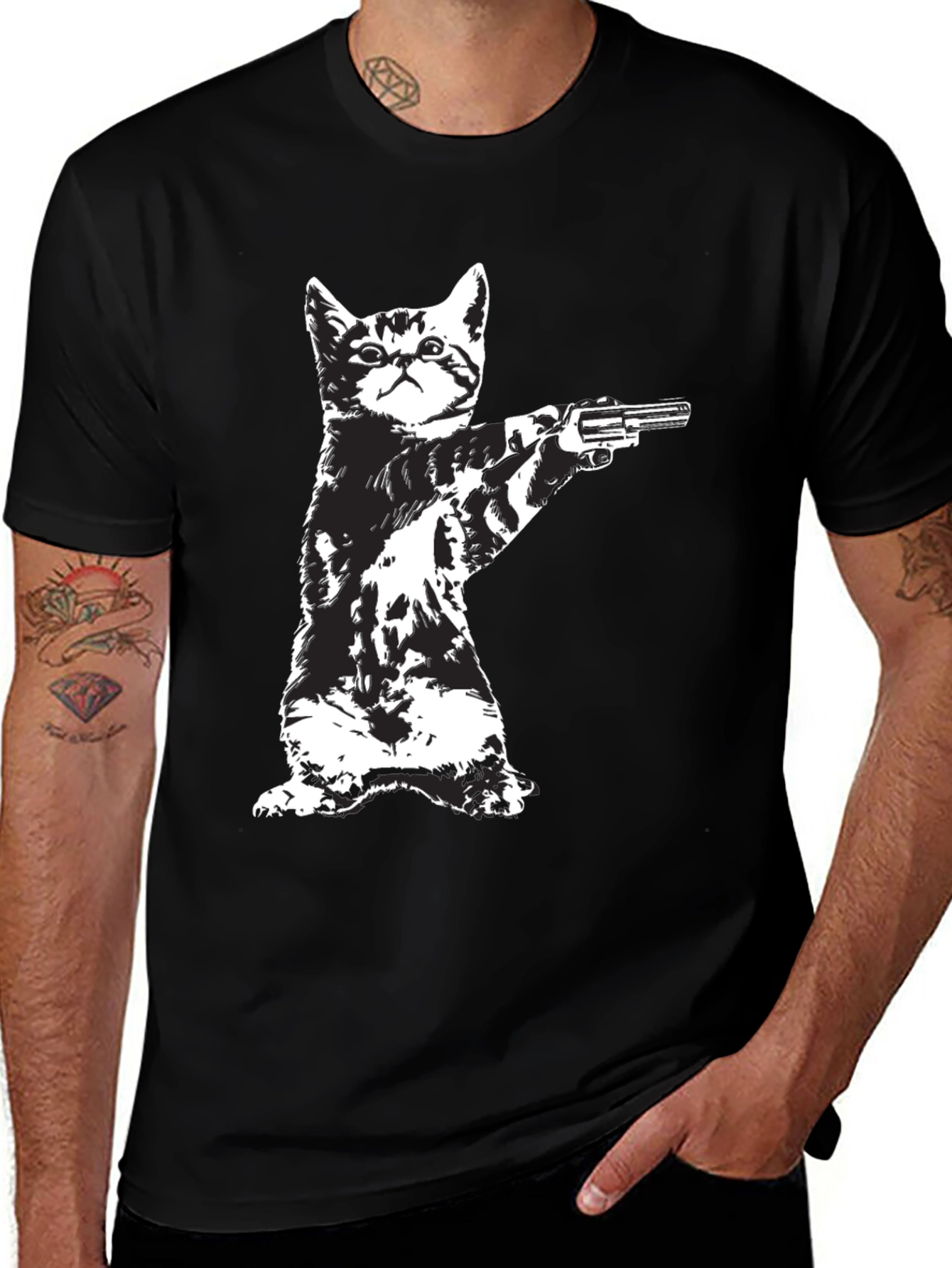 Cat with Gun Graphic T-Shirt