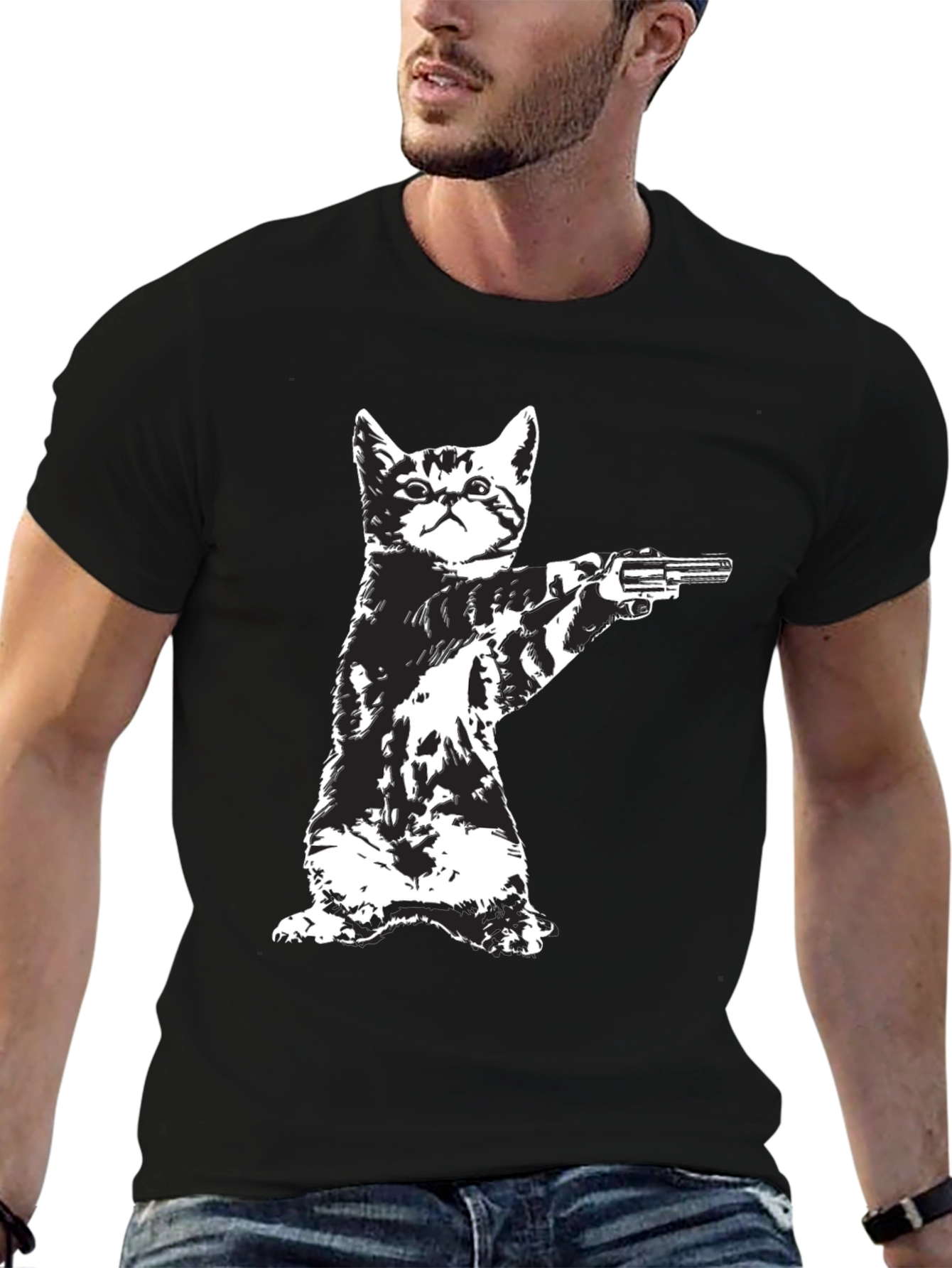 Cat with Gun Graphic T-Shirt