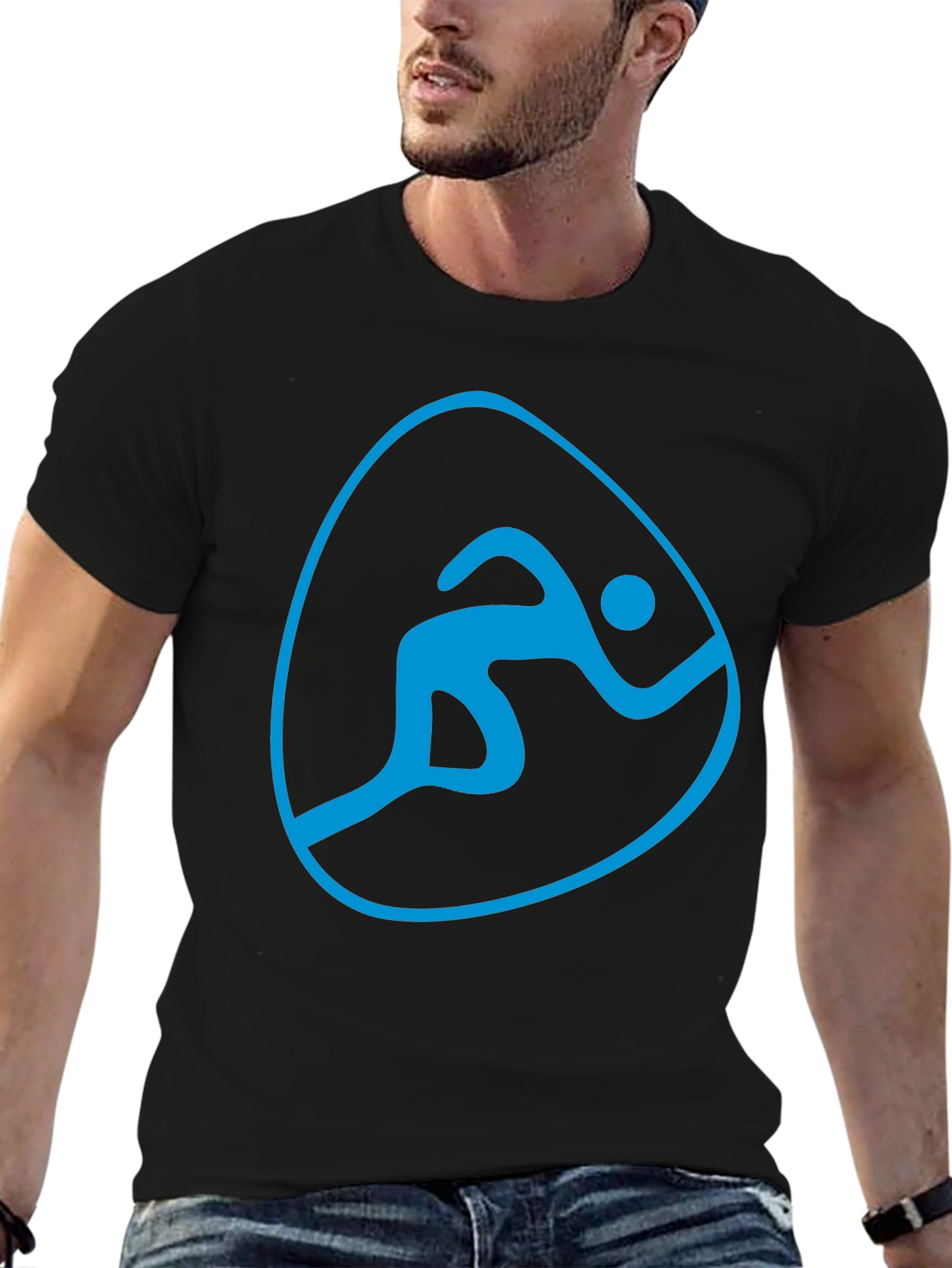 Mens Black T-Shirt with Blue Running Symbol