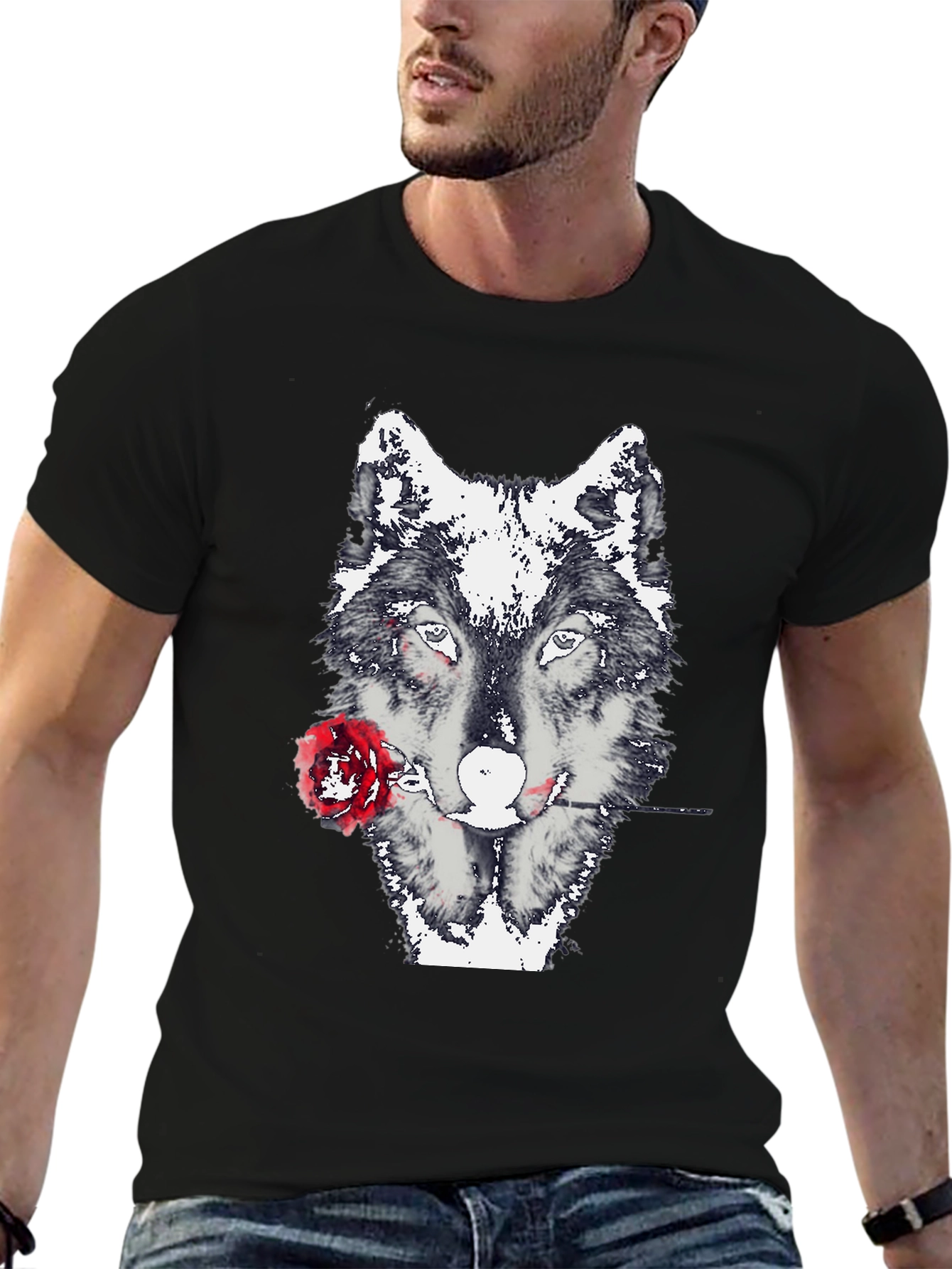 Wolf and Rose Graphic Tee - Black Casual T-Shirt