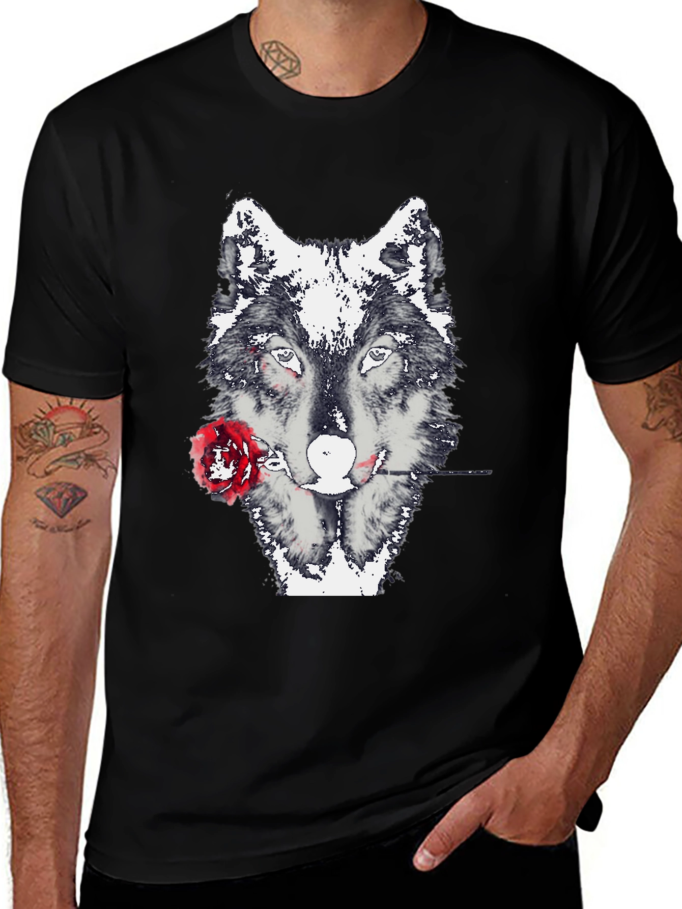 Wolf and Rose Graphic Tee - Black Casual T-Shirt
