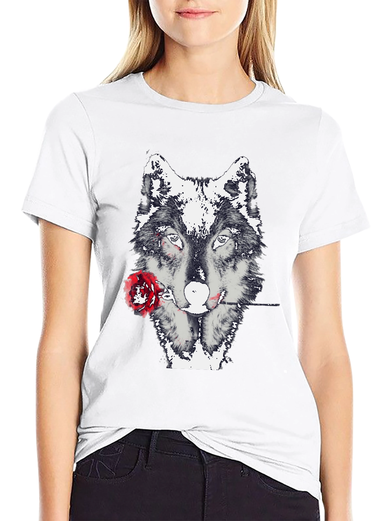 Wolf and Rose Graphic Tee - Black Casual T-Shirt
