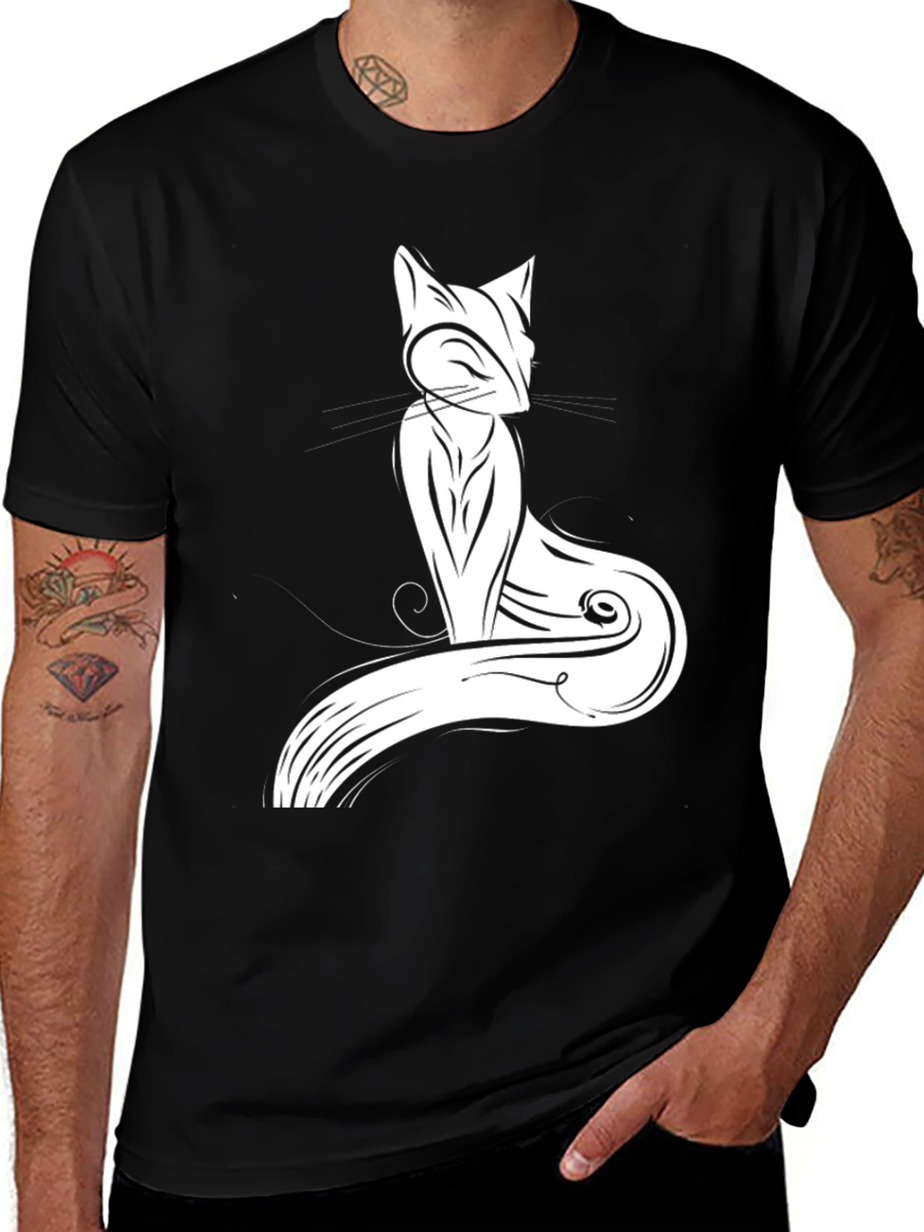 Stylish Cat Graphic Tee - Black