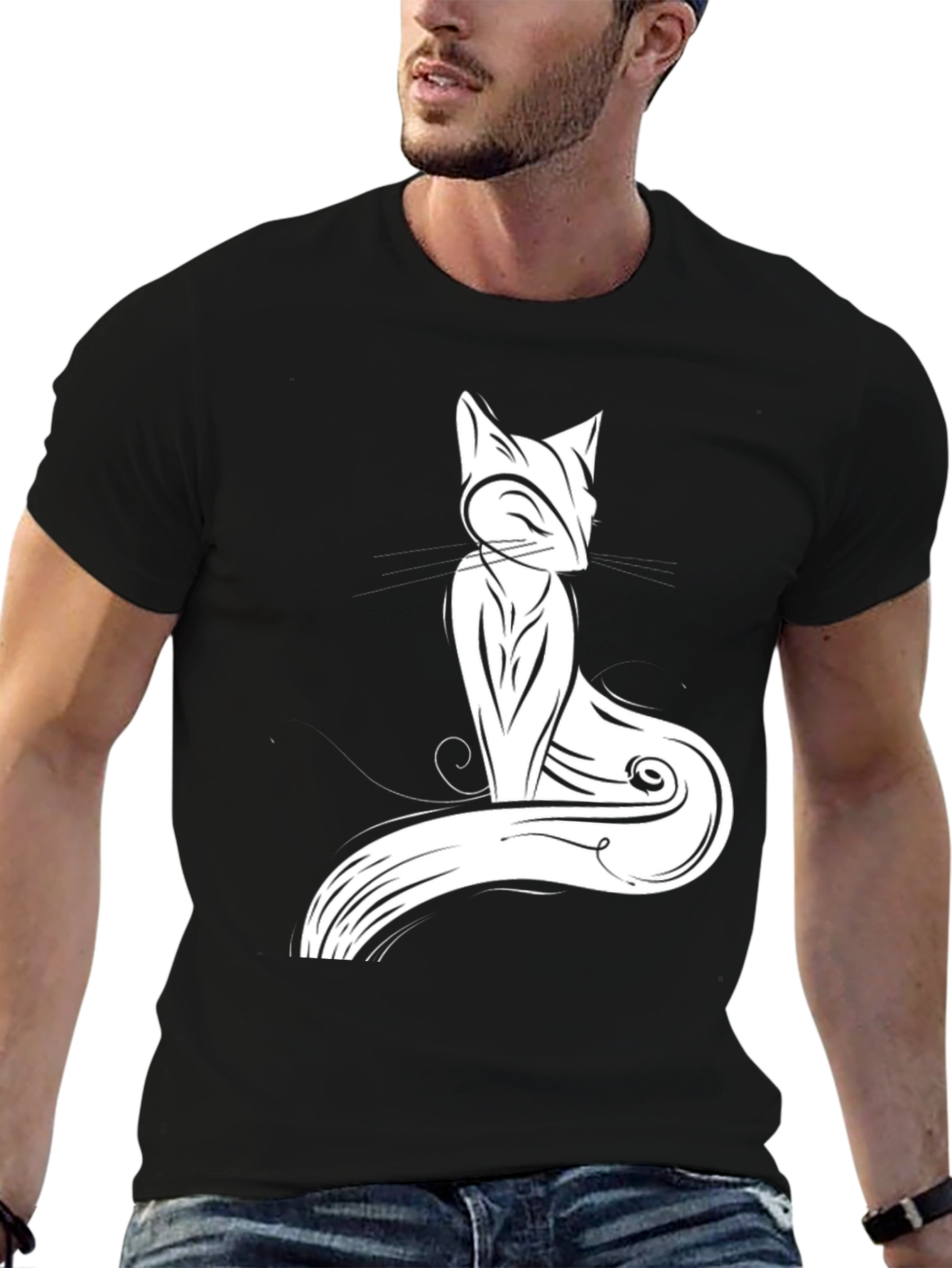 Stylish Cat Graphic Tee - Black