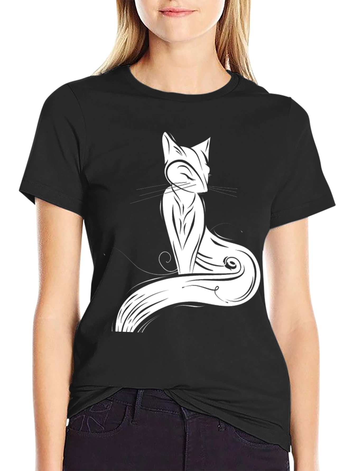 Stylish Cat Graphic Tee - Black