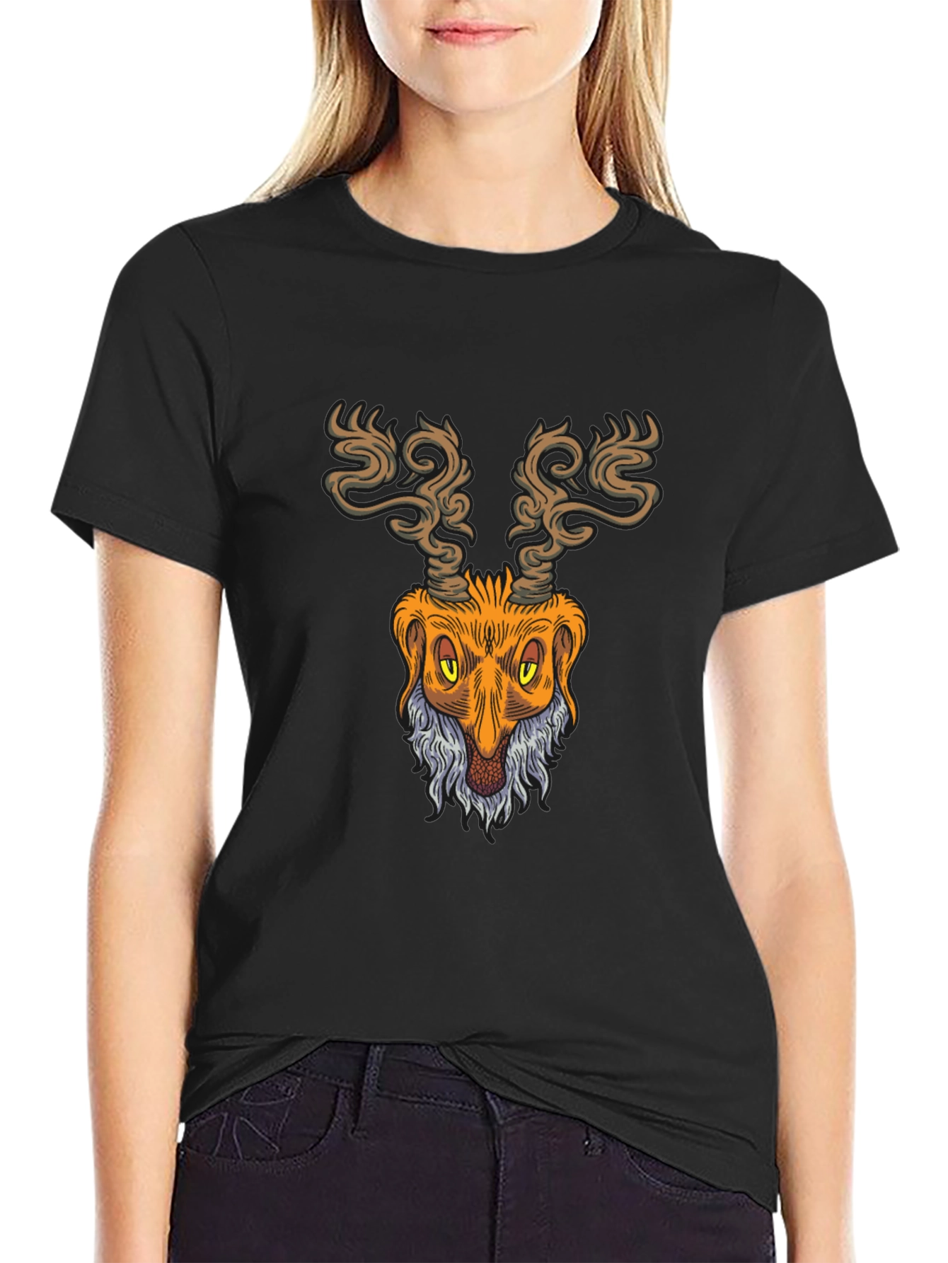 Unique Deer Head Graphic Print Black T-Shirt