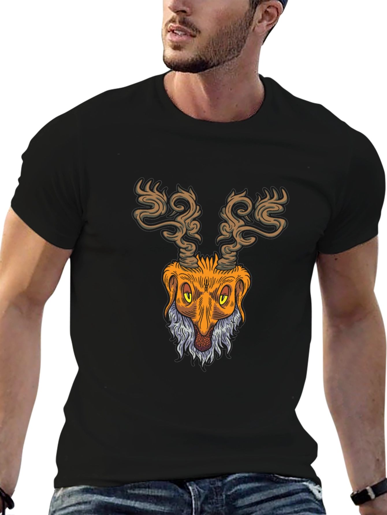 Unique Deer Head Graphic Print Black T-Shirt