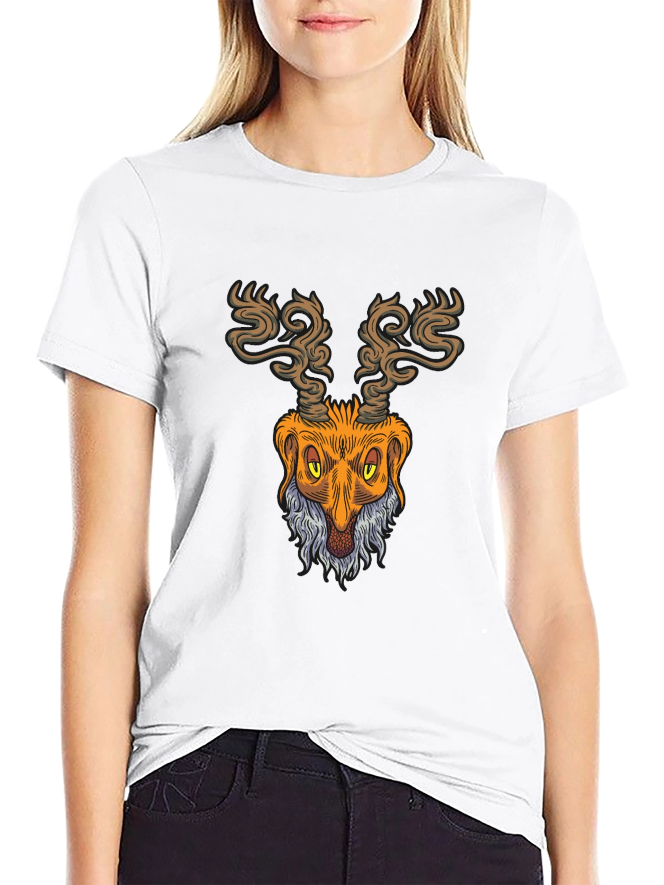 Unique Deer Head Graphic Print Black T-Shirt
