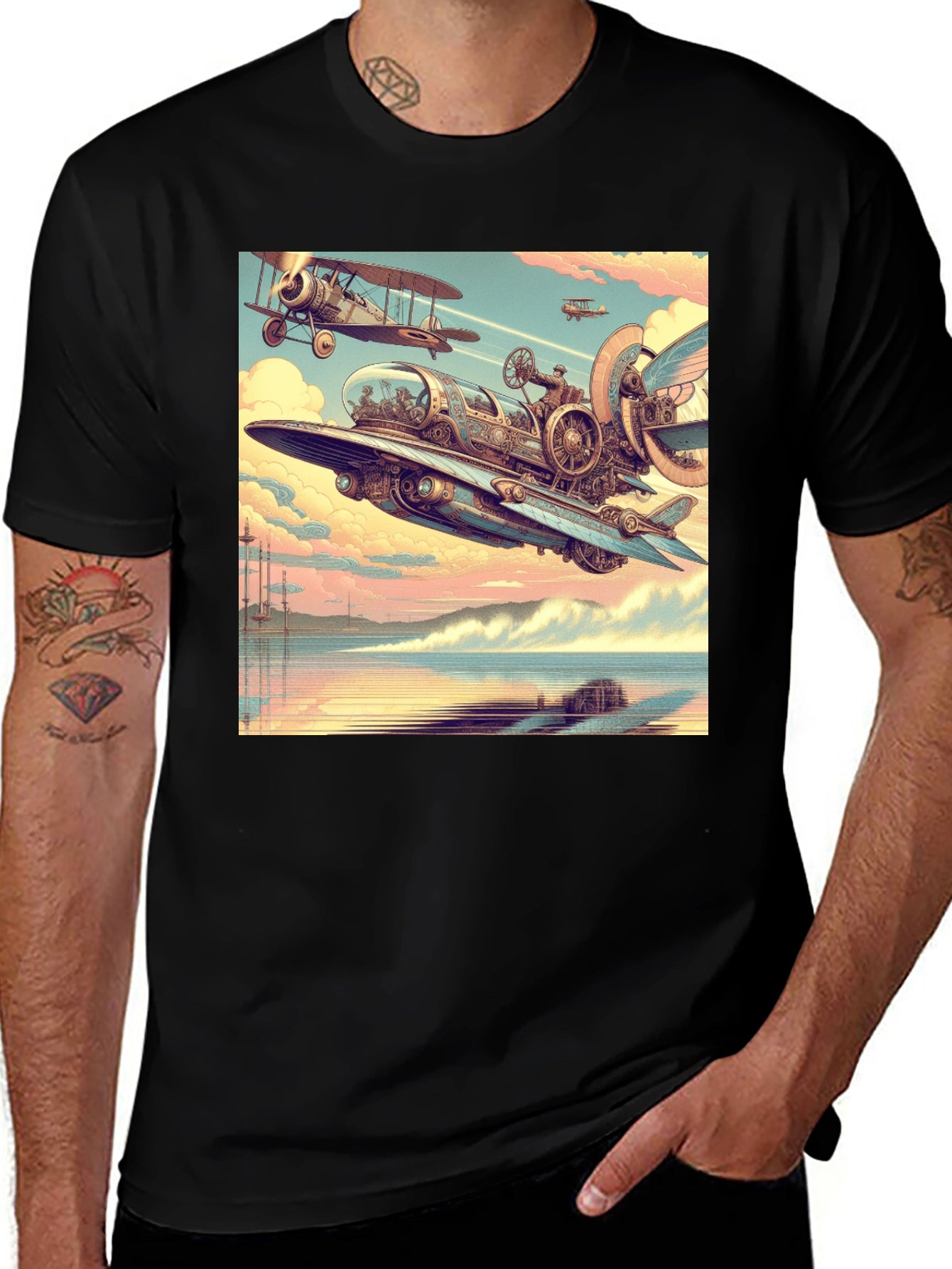 Steampunk Airplane Graphic Tee - Black