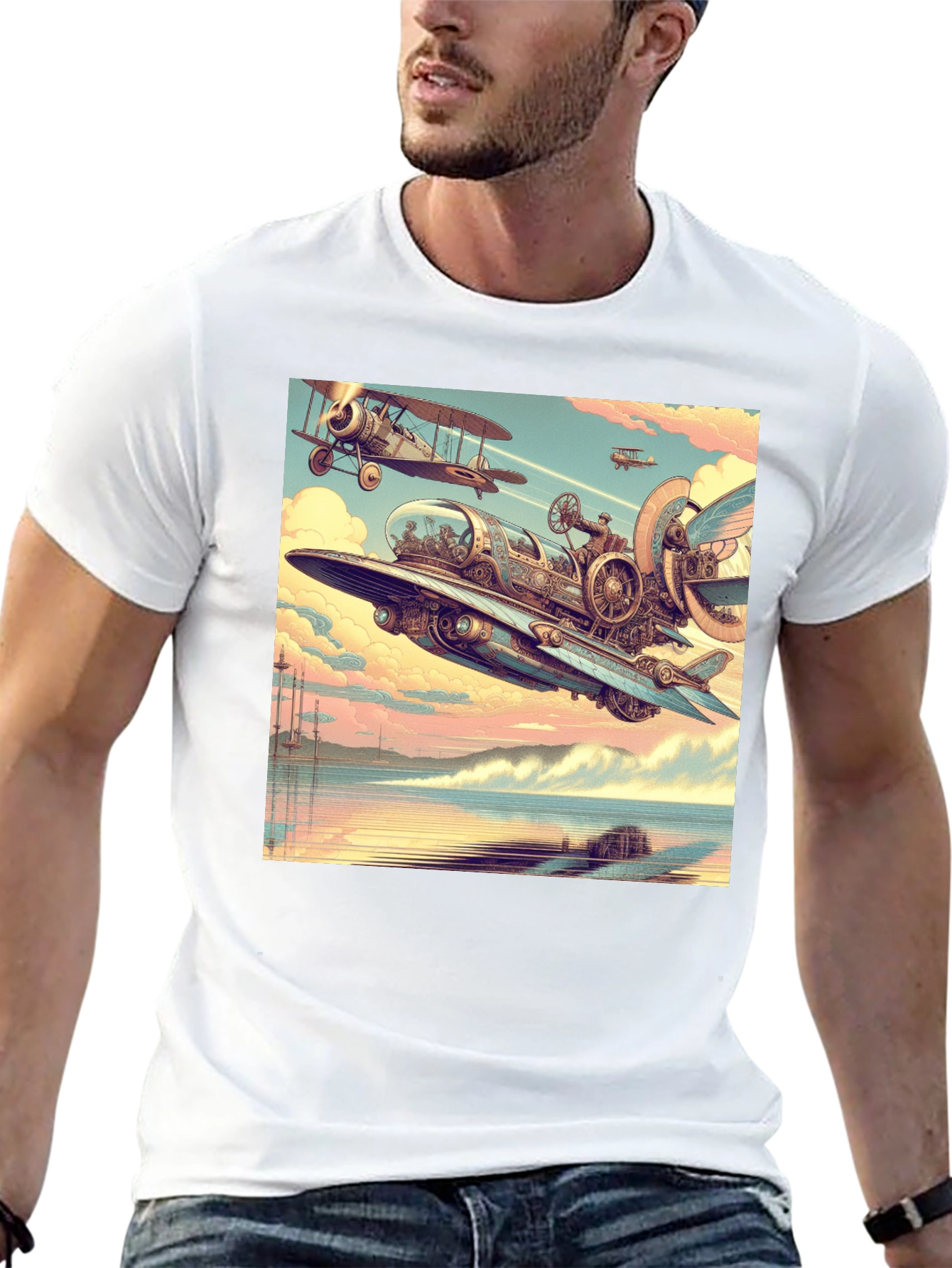 Steampunk Airplane Graphic Tee - Black