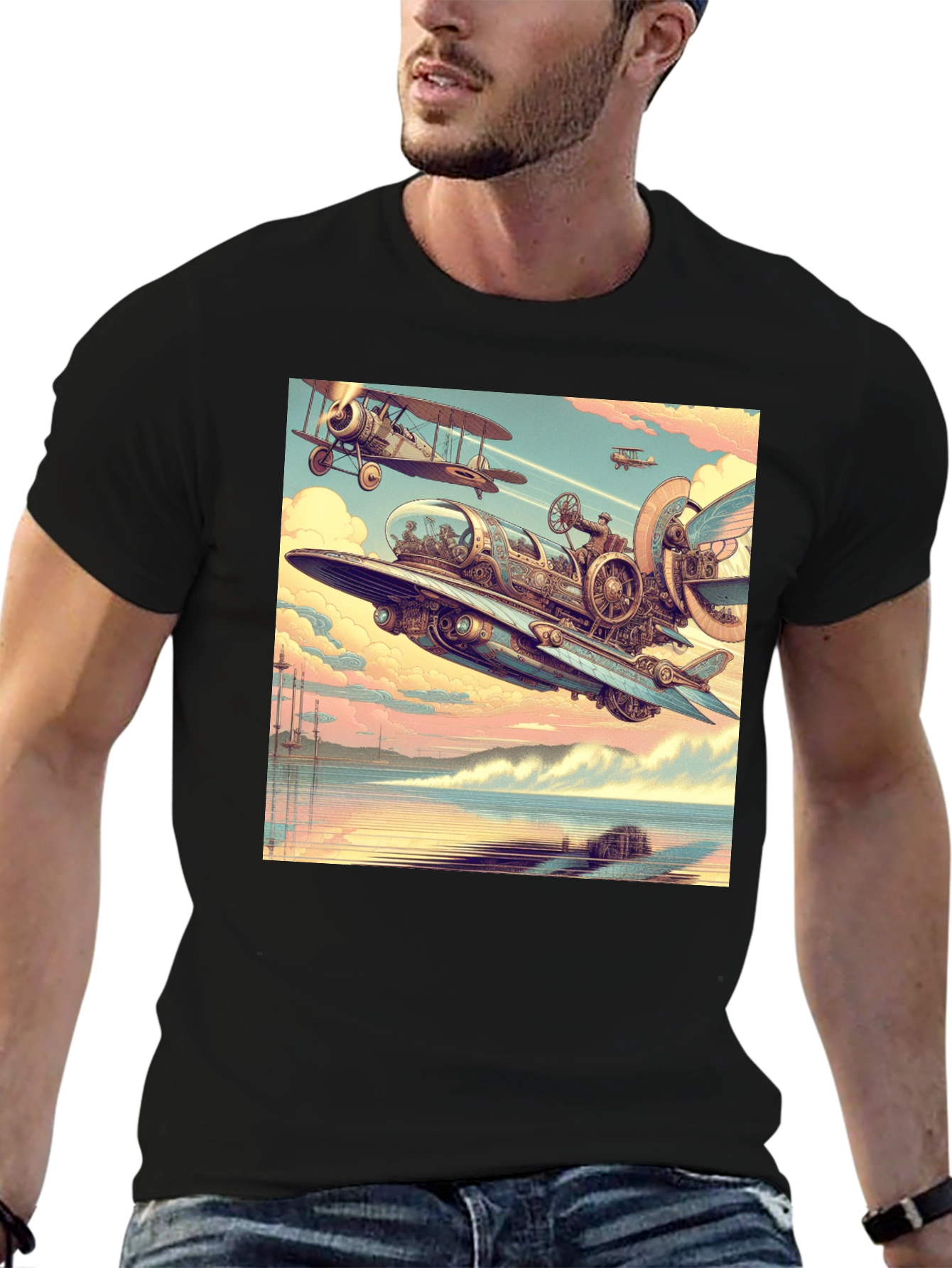 Steampunk Airplane Graphic Tee - Black