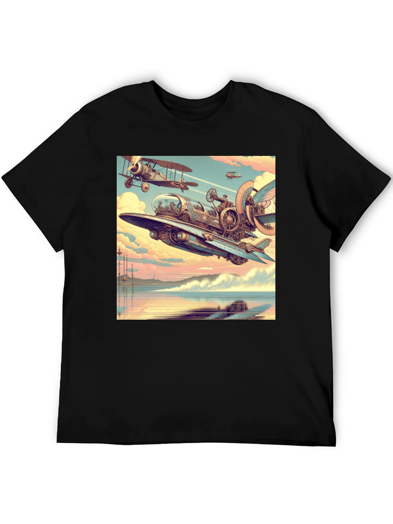 Steampunk Airplane Graphic Tee - Black