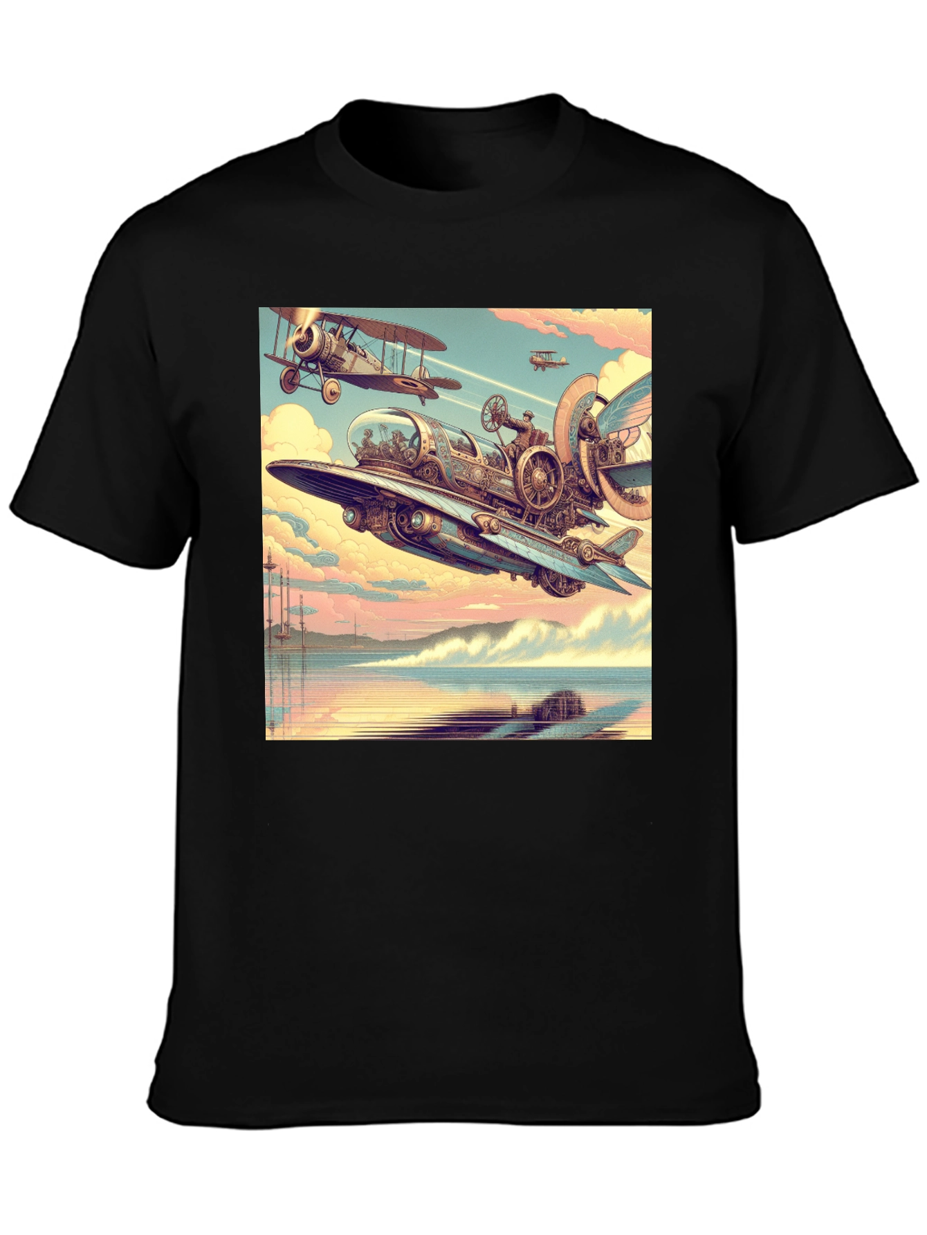 Steampunk Airplane Graphic Tee - Black