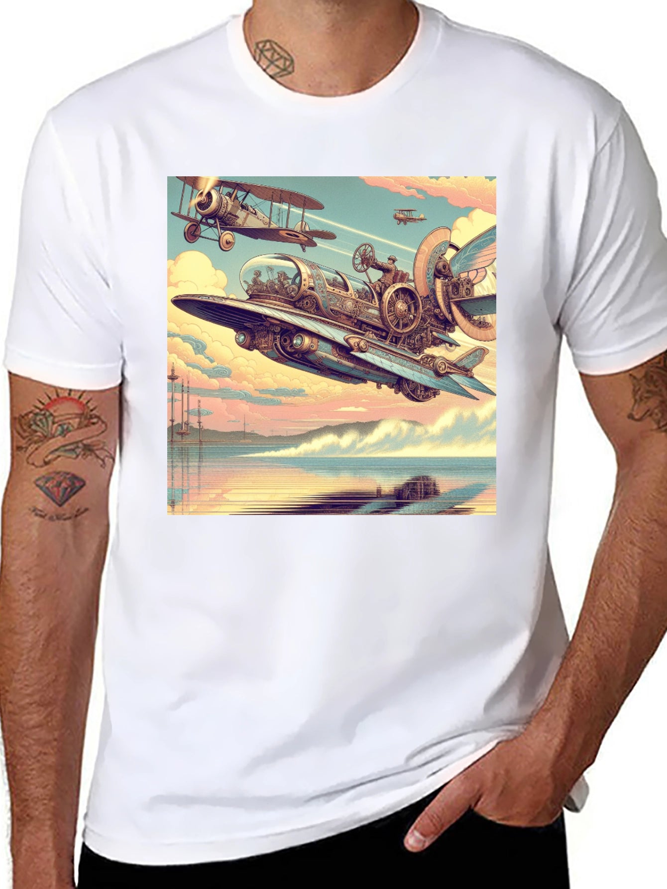 Steampunk Airplane Graphic Tee - Black