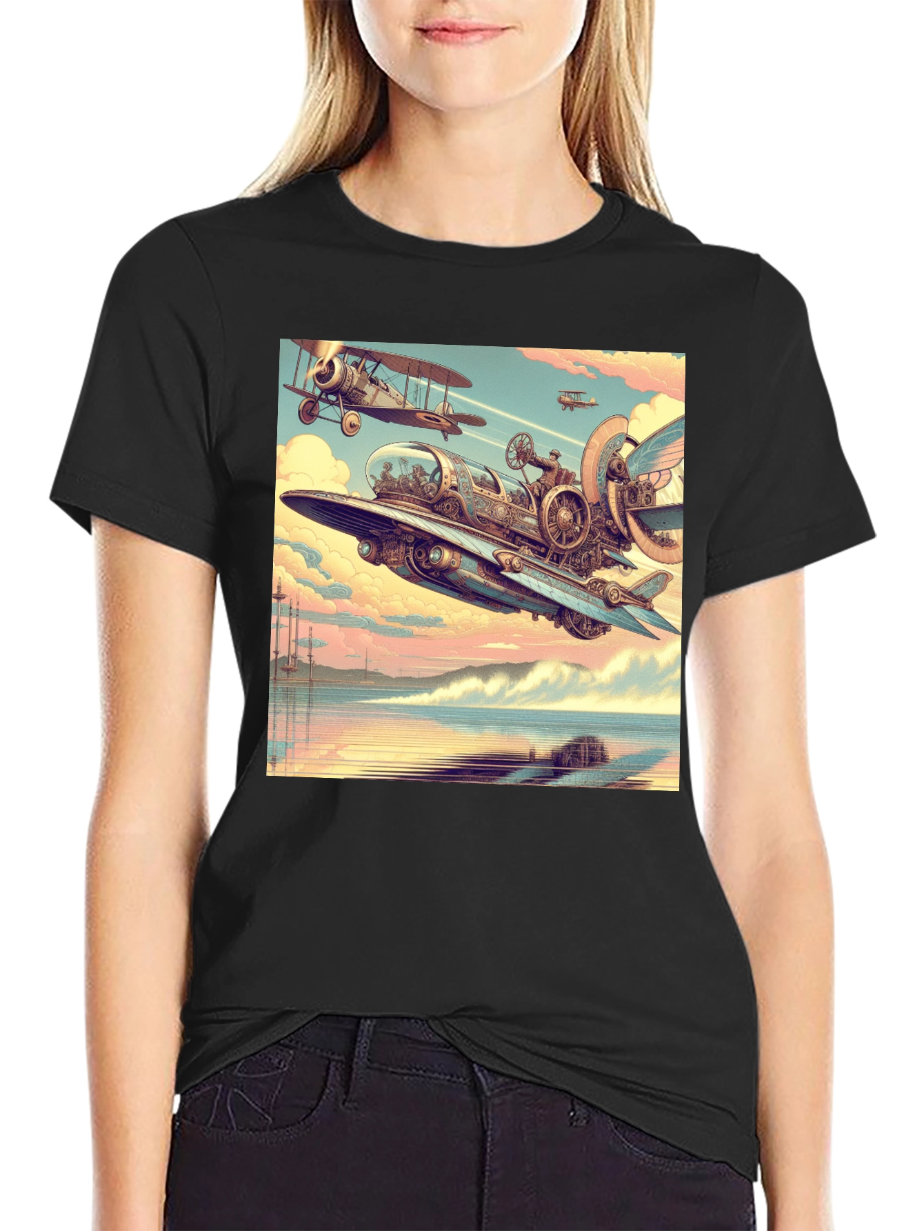 Steampunk Airplane Graphic Tee - Black