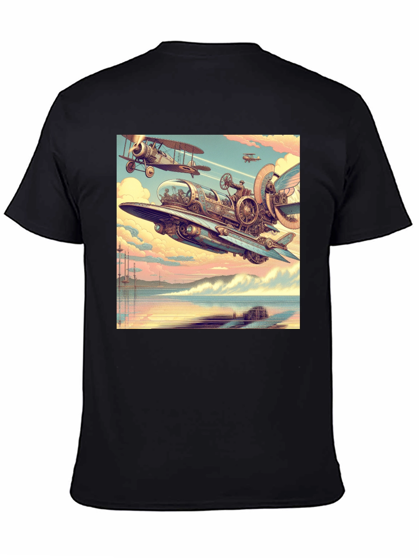 Steampunk Airplane Graphic Tee - Black