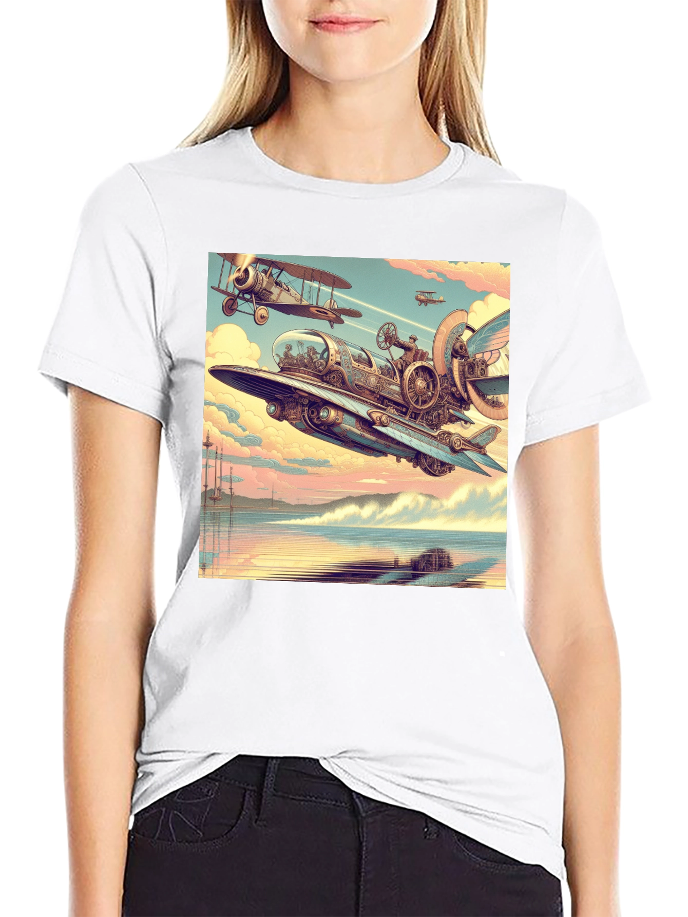 Steampunk Airplane Graphic Tee - Black