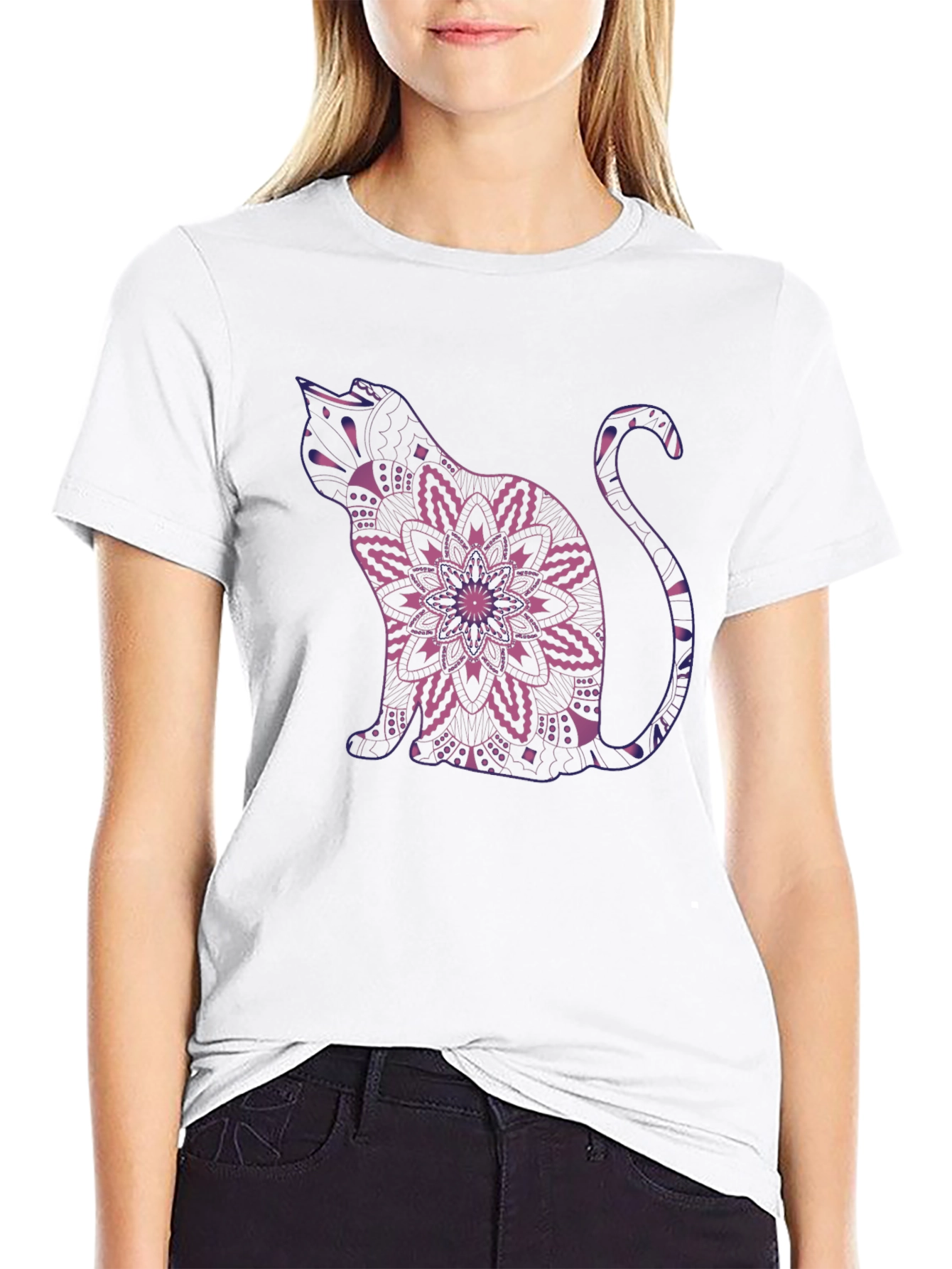 Mystic Cat Mandala Graphic Tee - Black Cotton Blend