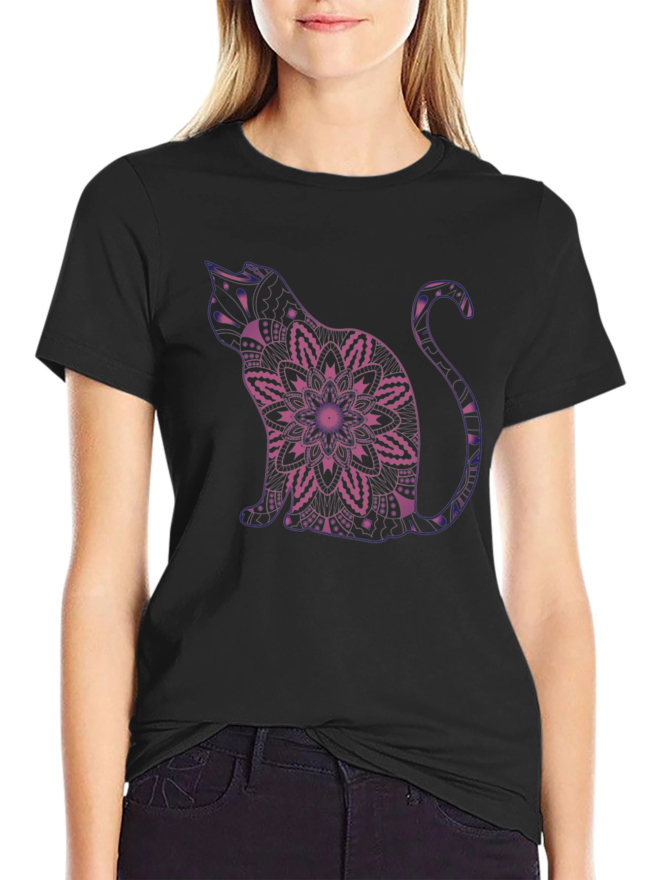 Mystic Cat Mandala Graphic Tee - Black Cotton Blend