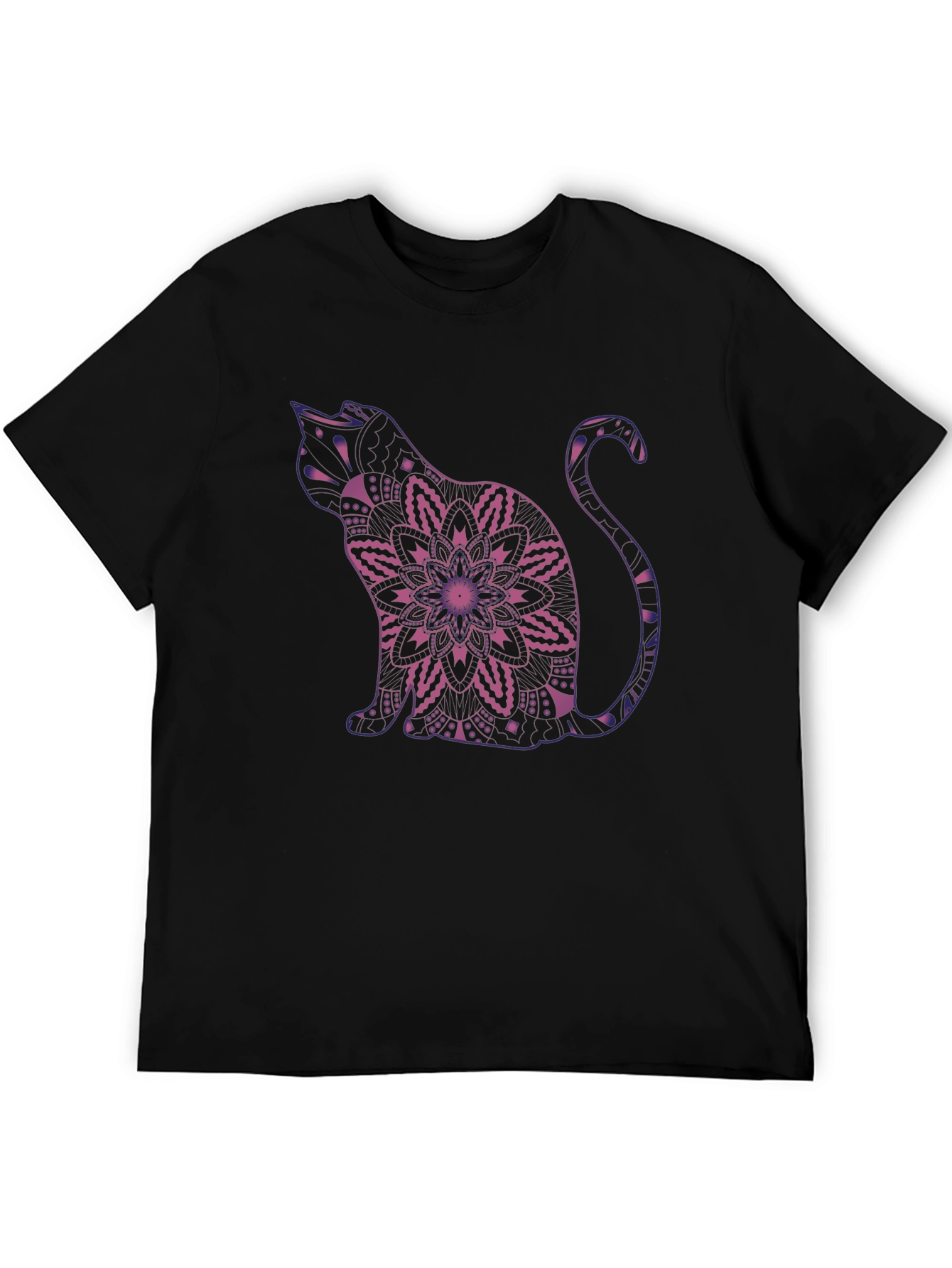 Mystic Cat Mandala Graphic Tee - Black Cotton Blend