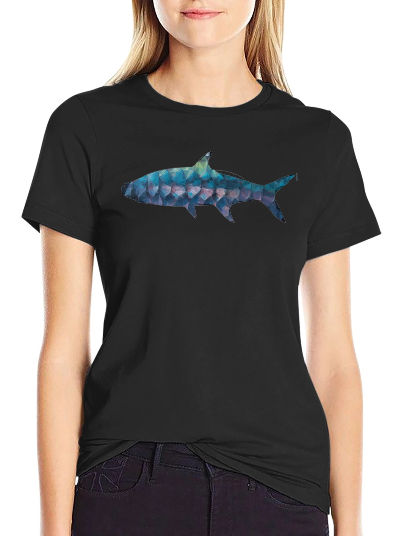 Geometric Shark Graphic Tee - Black