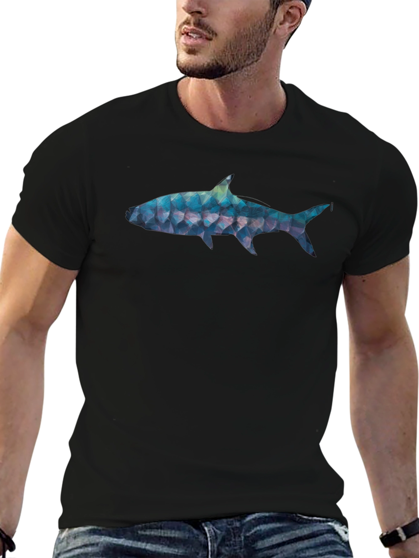 Geometric Shark Graphic Tee - Black