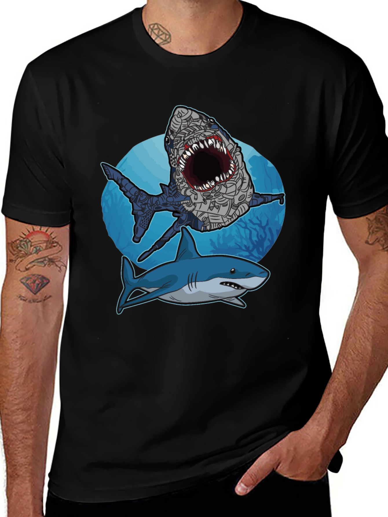 Shark Attack Graphic Tee - Stylish Mens Black T-Shirt