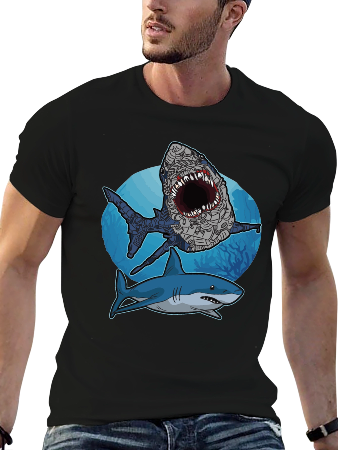 Shark Attack Graphic Tee - Stylish Mens Black T-Shirt