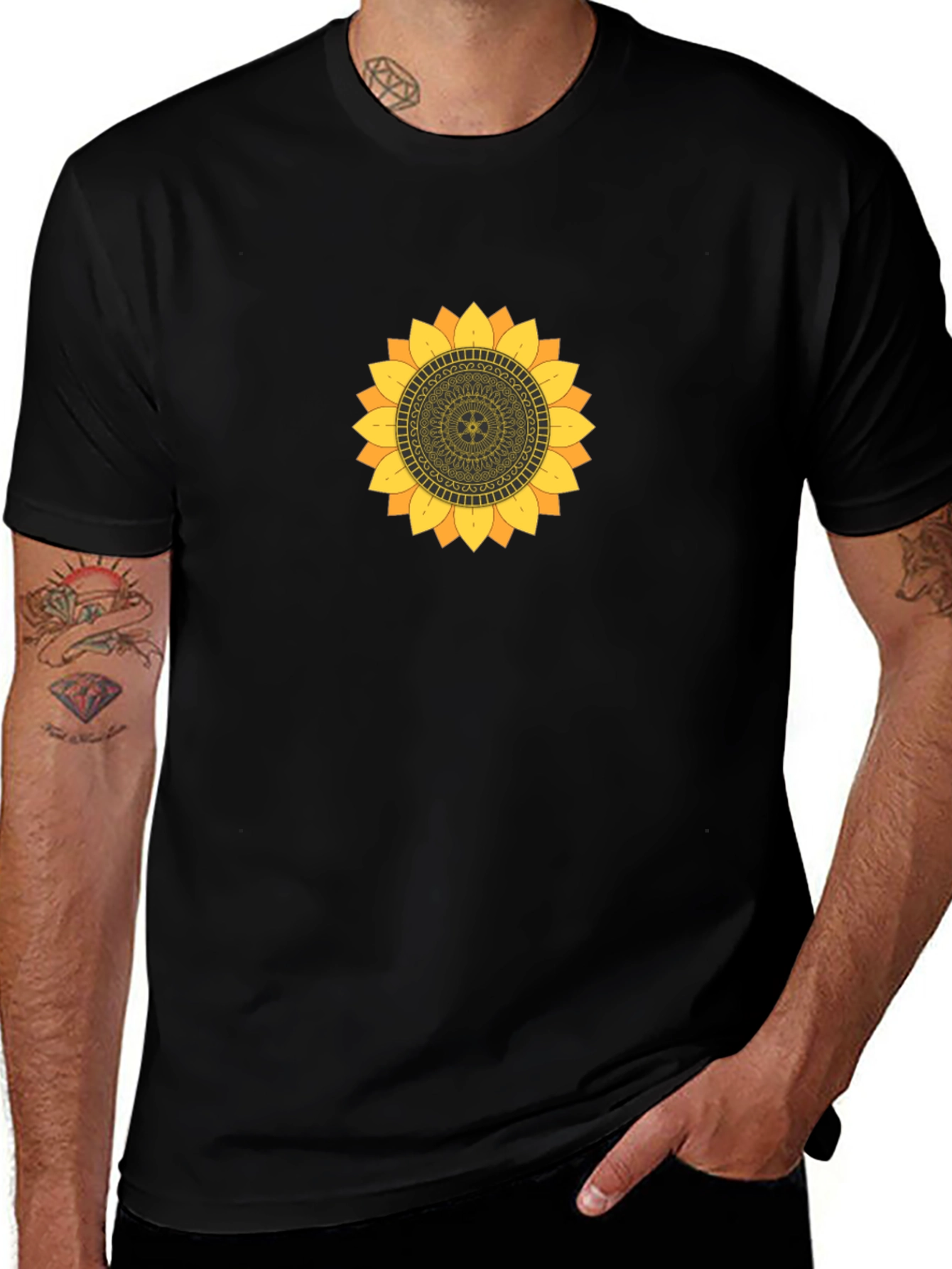 Sunflower Mandala Graphic Black T-Shirt