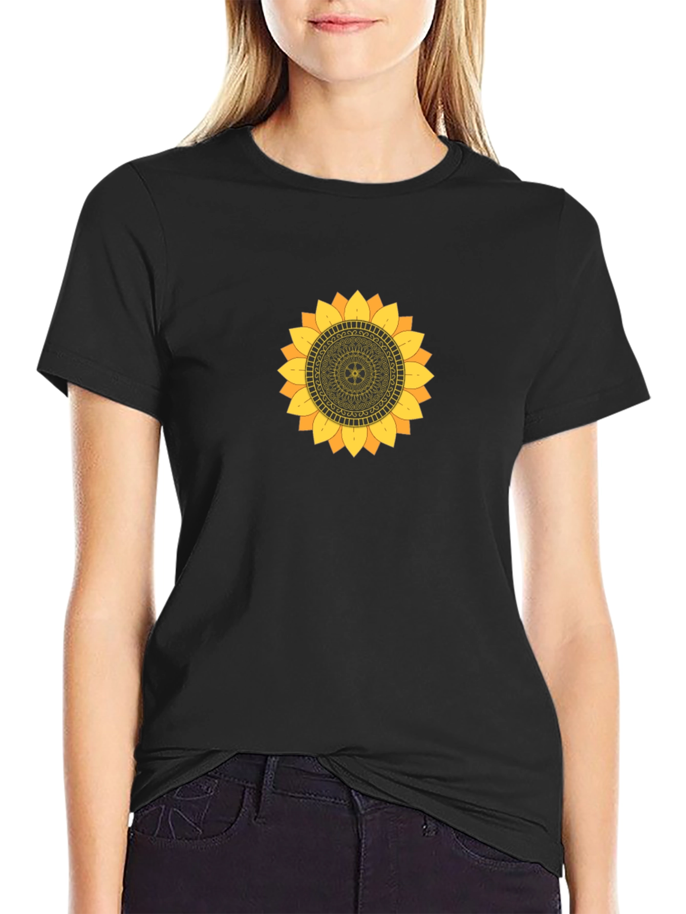 Sunflower Mandala Graphic Black T-Shirt