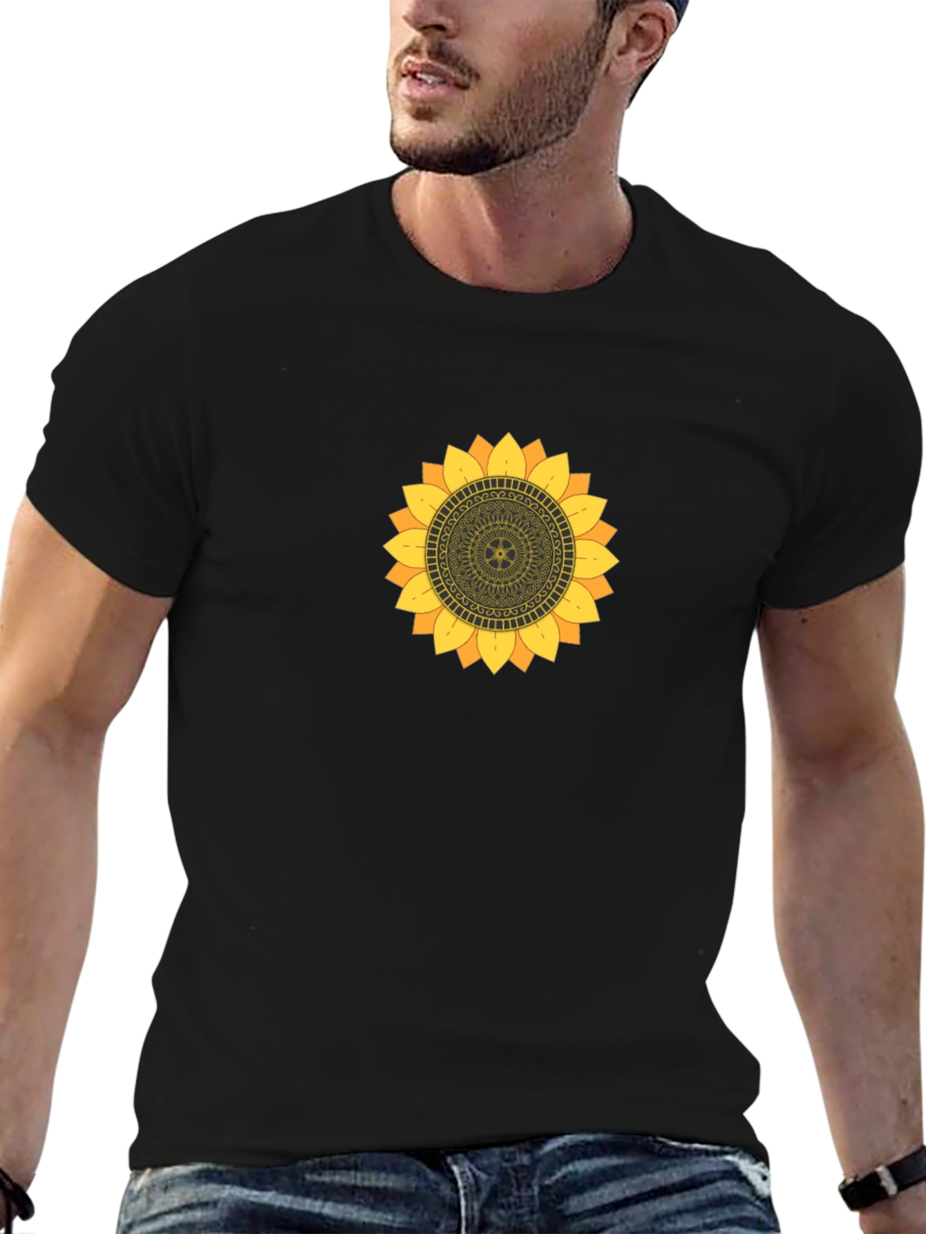 Sunflower Mandala Graphic Black T-Shirt