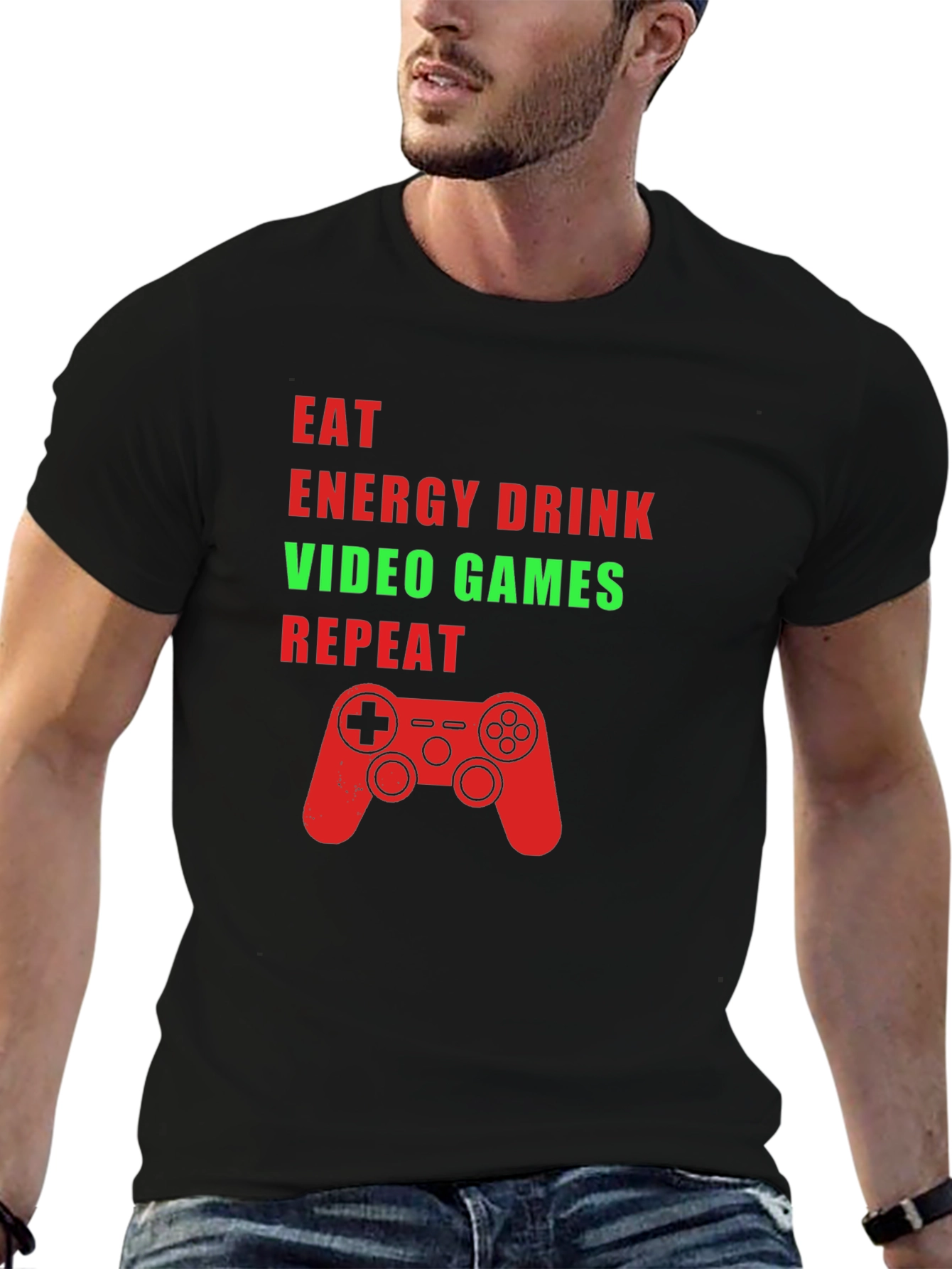 Eat Energy Drink Video Games Repeat Black Graphic Tee